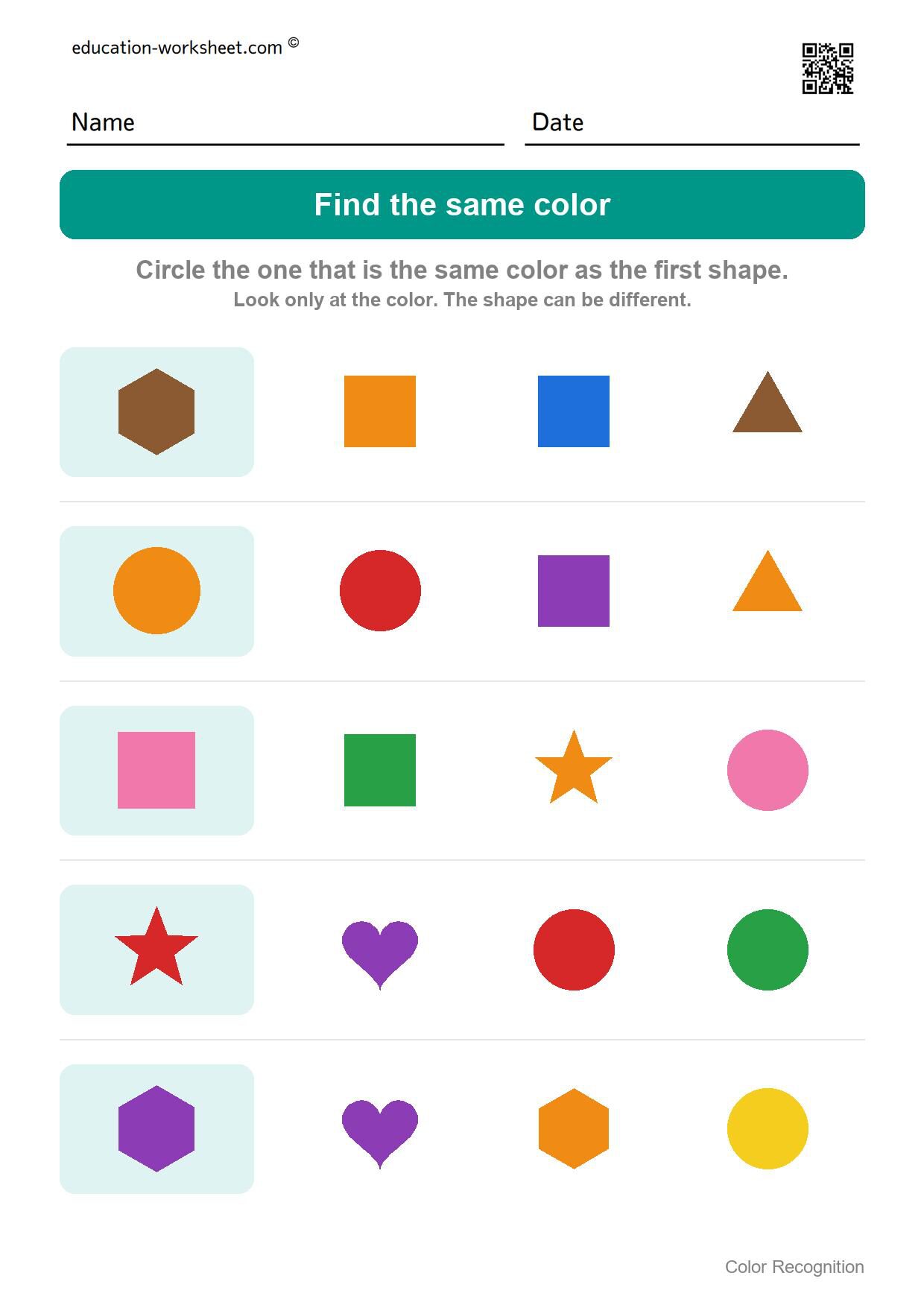 Find the same color (Set 1) - Free Color Recognition Worksheets for Preschool - Find the Same Color