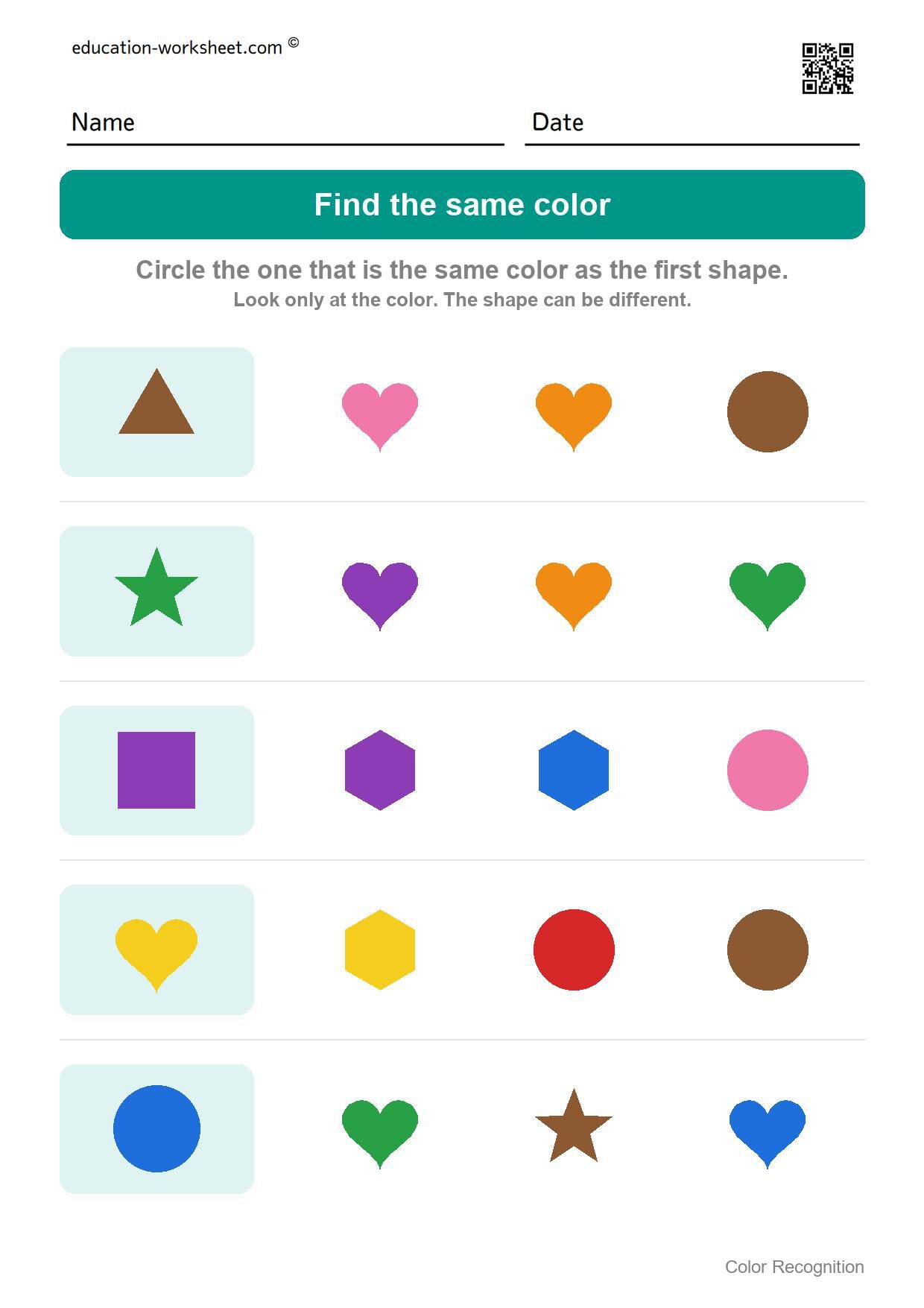 Find the same color (Set 10) - Free Color Recognition Worksheets for Preschool - Find the Same Color