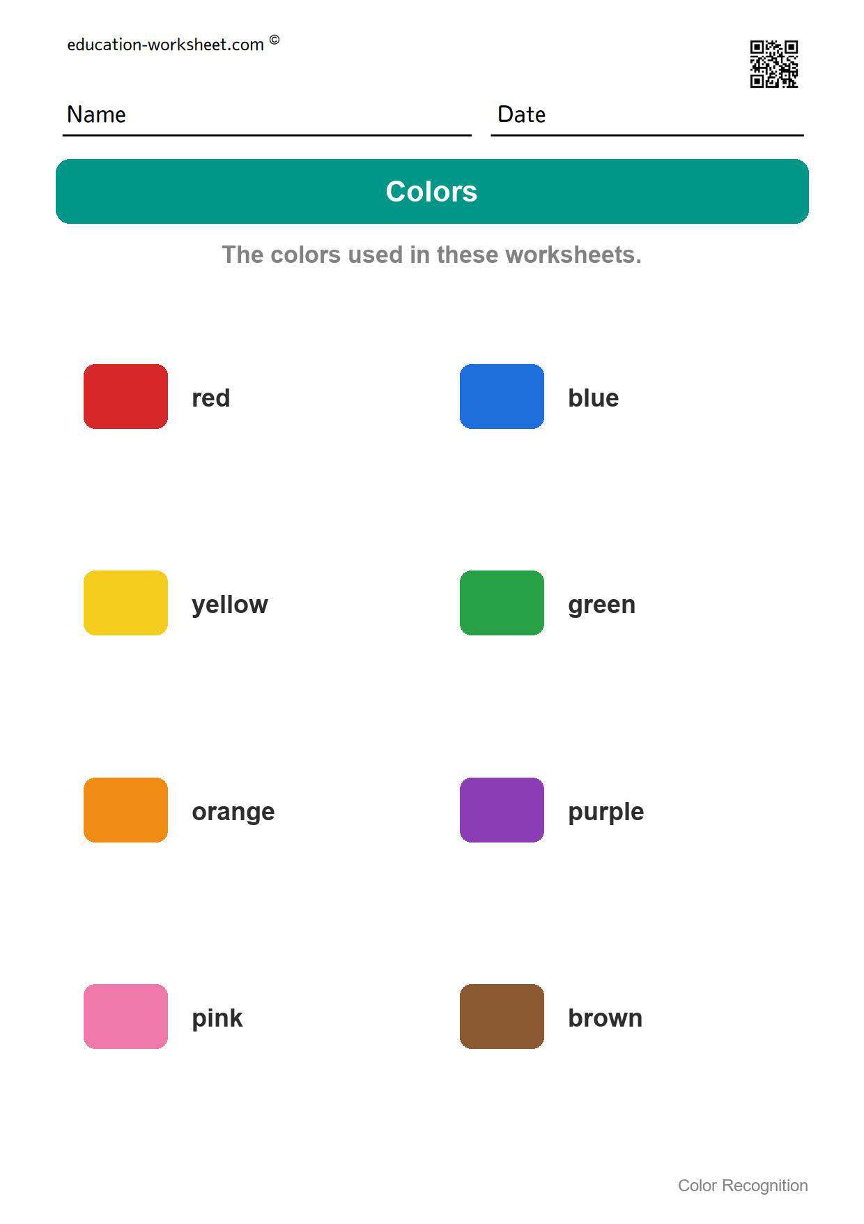 Color chart - all eight colors - Free Color Recognition Worksheets for Preschool - Find the Same Color