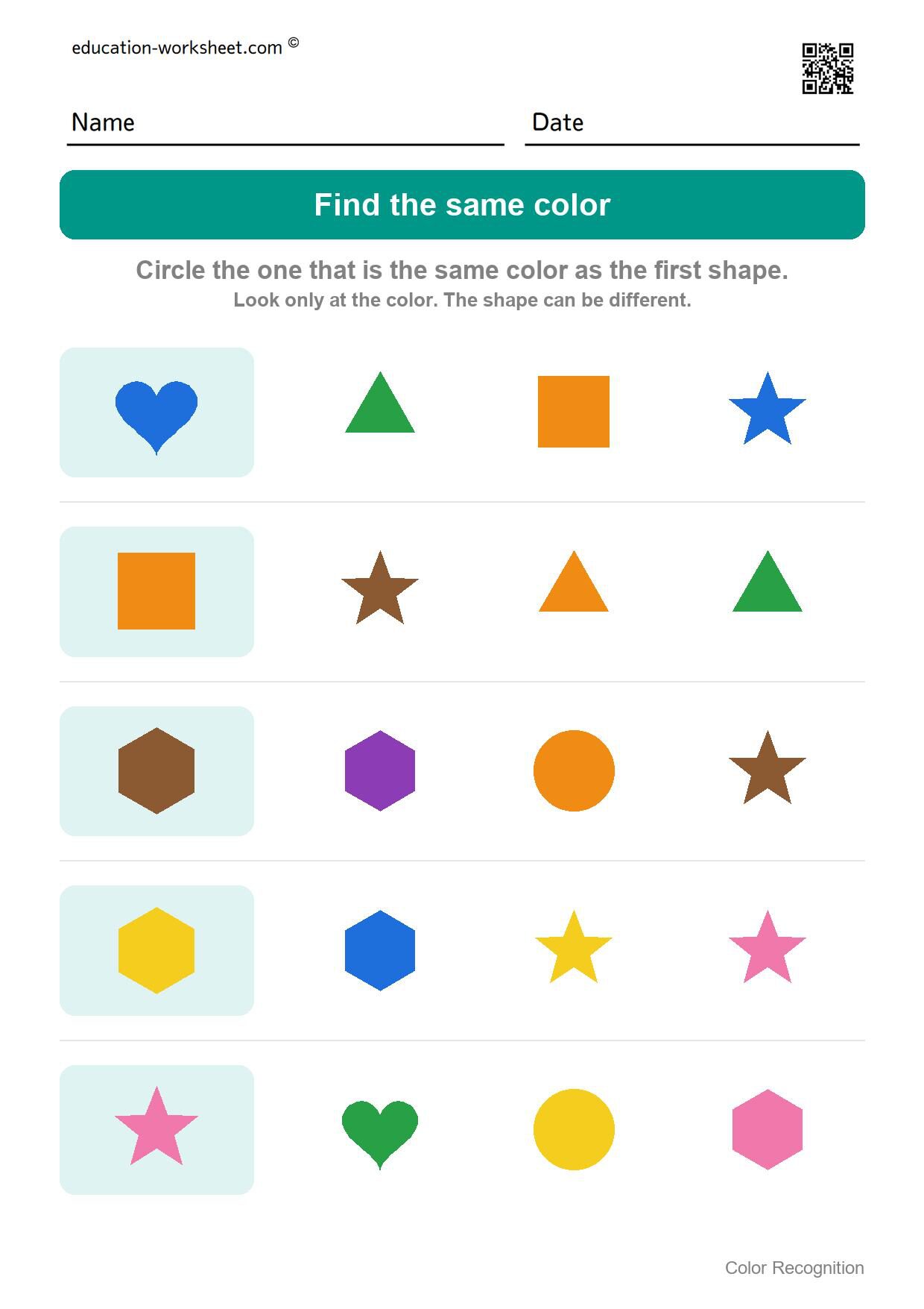 Find the same color (Set 2) - Free Color Recognition Worksheets for Preschool - Find the Same Color