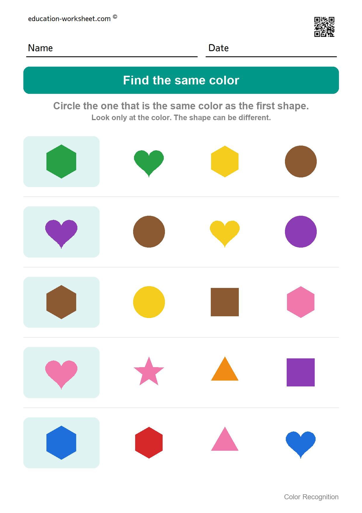 Find the same color (Set 3) - Free Color Recognition Worksheets for Preschool - Find the Same Color