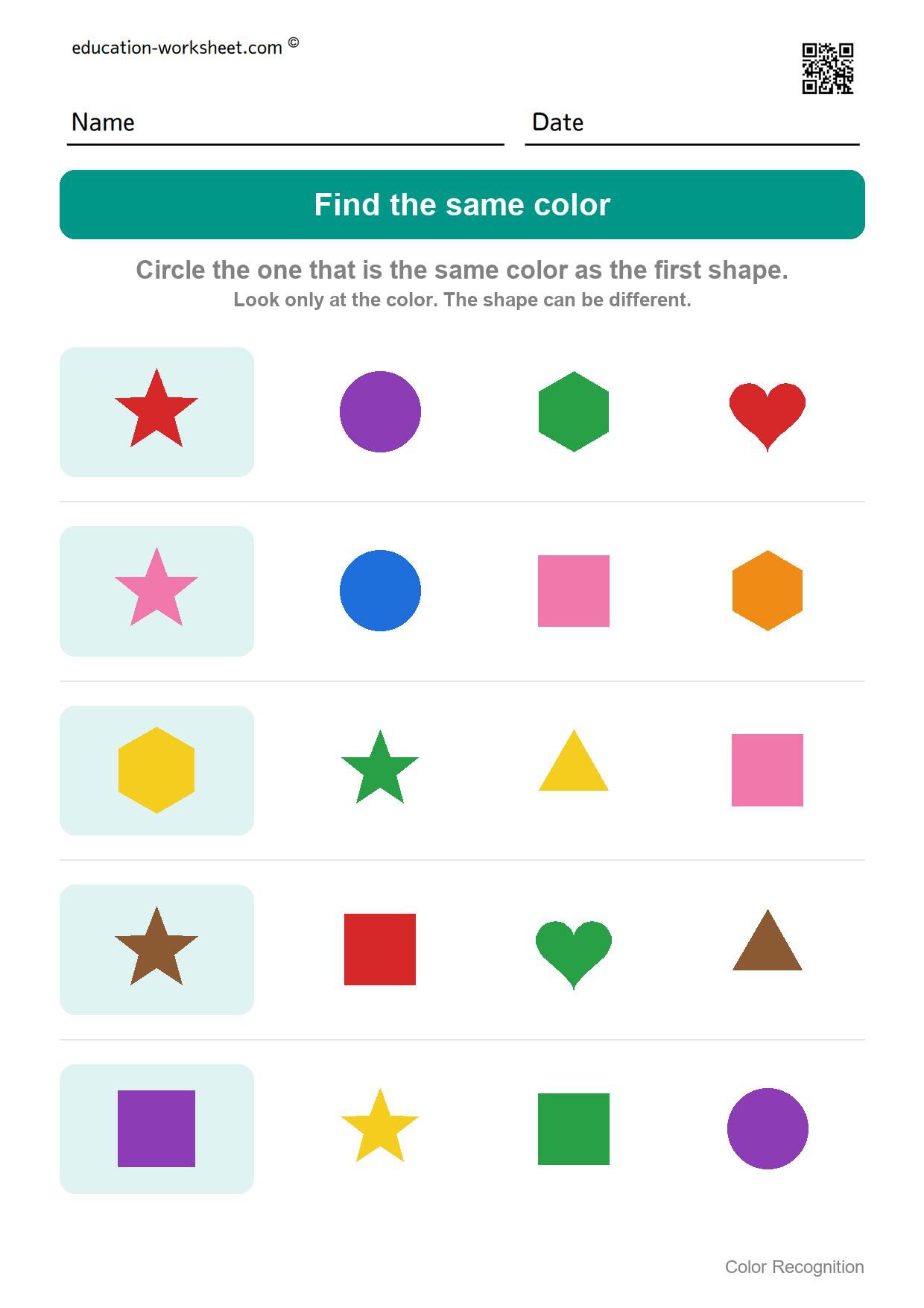 Find the same color (Set 4) - Free Color Recognition Worksheets for Preschool - Find the Same Color