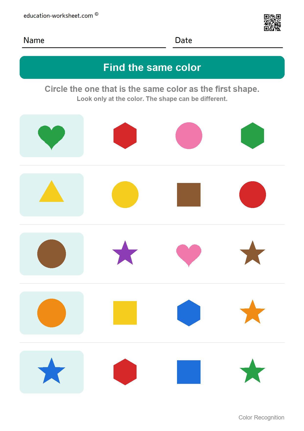 Find the same color (Set 5) - Free Color Recognition Worksheets for Preschool - Find the Same Color