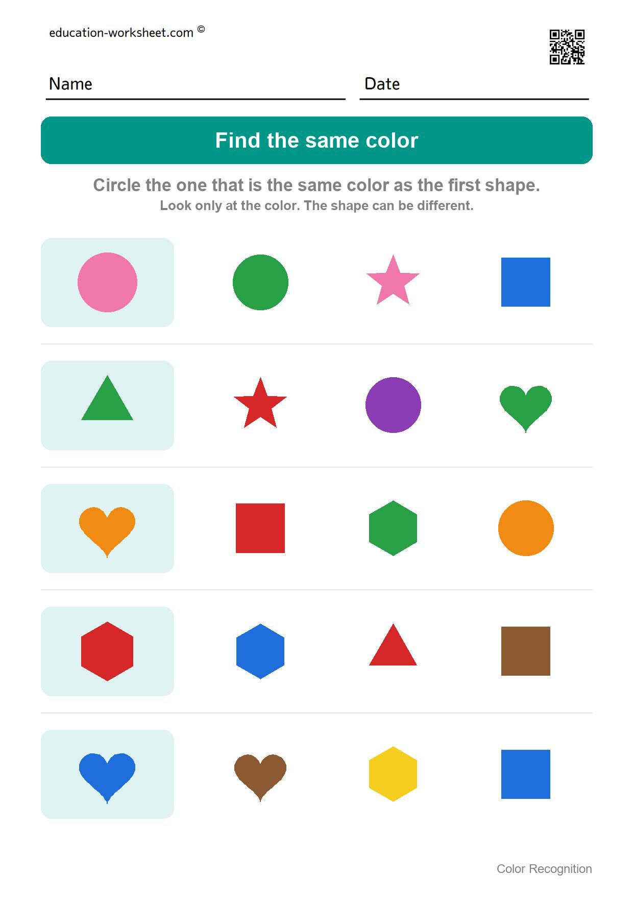 Find the same color (Set 6) - Free Color Recognition Worksheets for Preschool - Find the Same Color