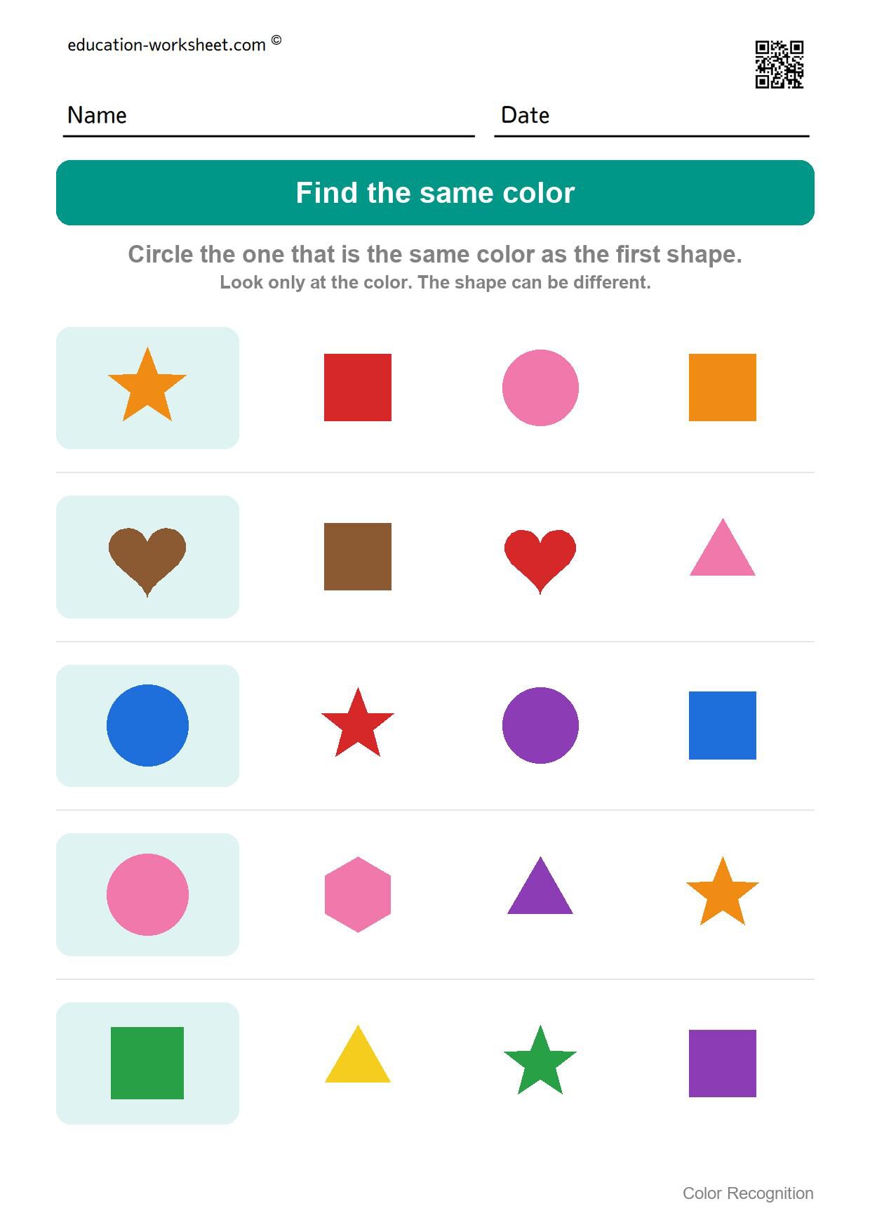 Find the same color (Set 7) - Free Color Recognition Worksheets for Preschool - Find the Same Color