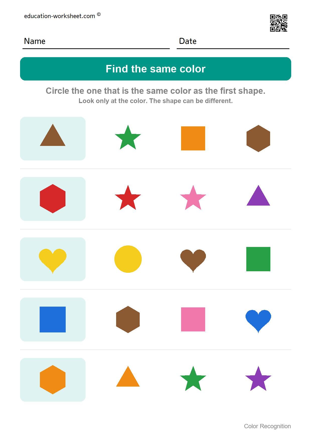 Find the same color (Set 8) - Free Color Recognition Worksheets for Preschool - Find the Same Color