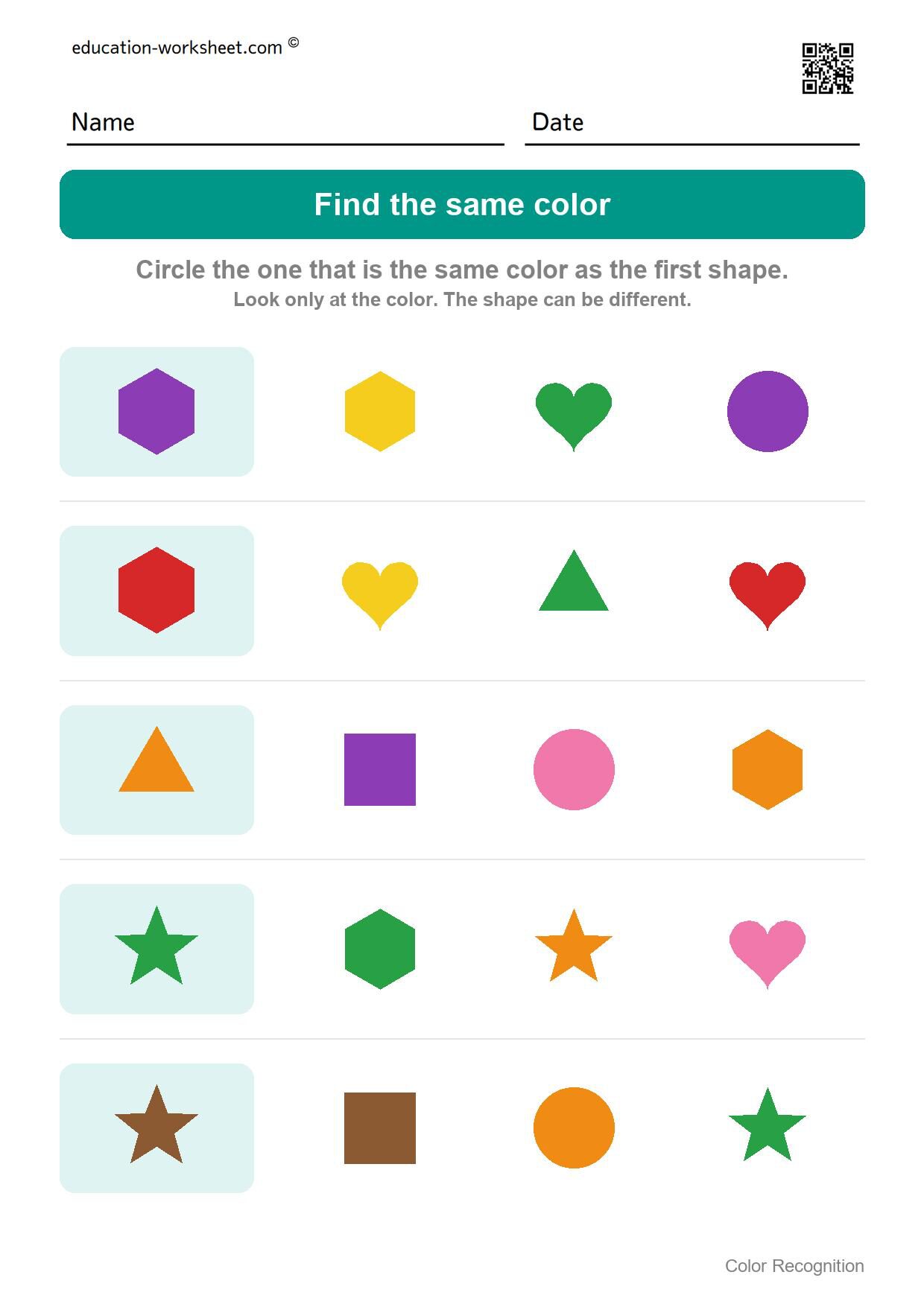 Find the same color (Set 9) - Free Color Recognition Worksheets for Preschool - Find the Same Color