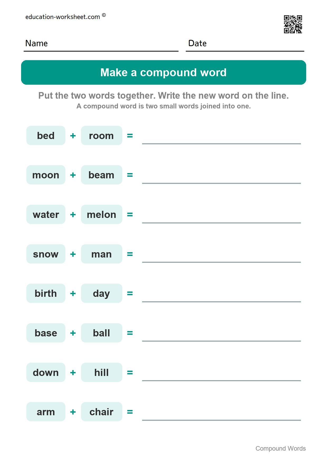 Make a compound word (Set 1) - Free Compound Words Worksheets for Kindergarten - Join Two Words into One