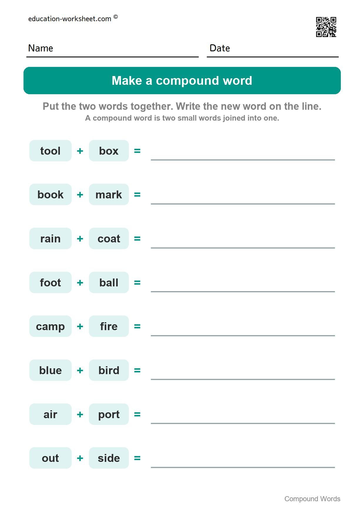 Make a compound word (Set 2) - Free Compound Words Worksheets for Kindergarten - Join Two Words into One