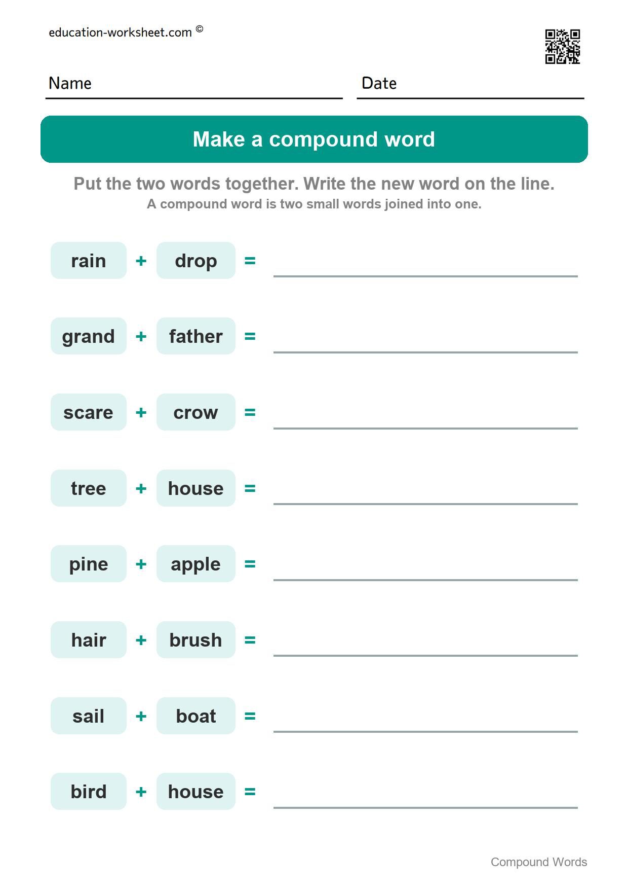 Make a compound word (Set 3) - Free Compound Words Worksheets for Kindergarten - Join Two Words into One