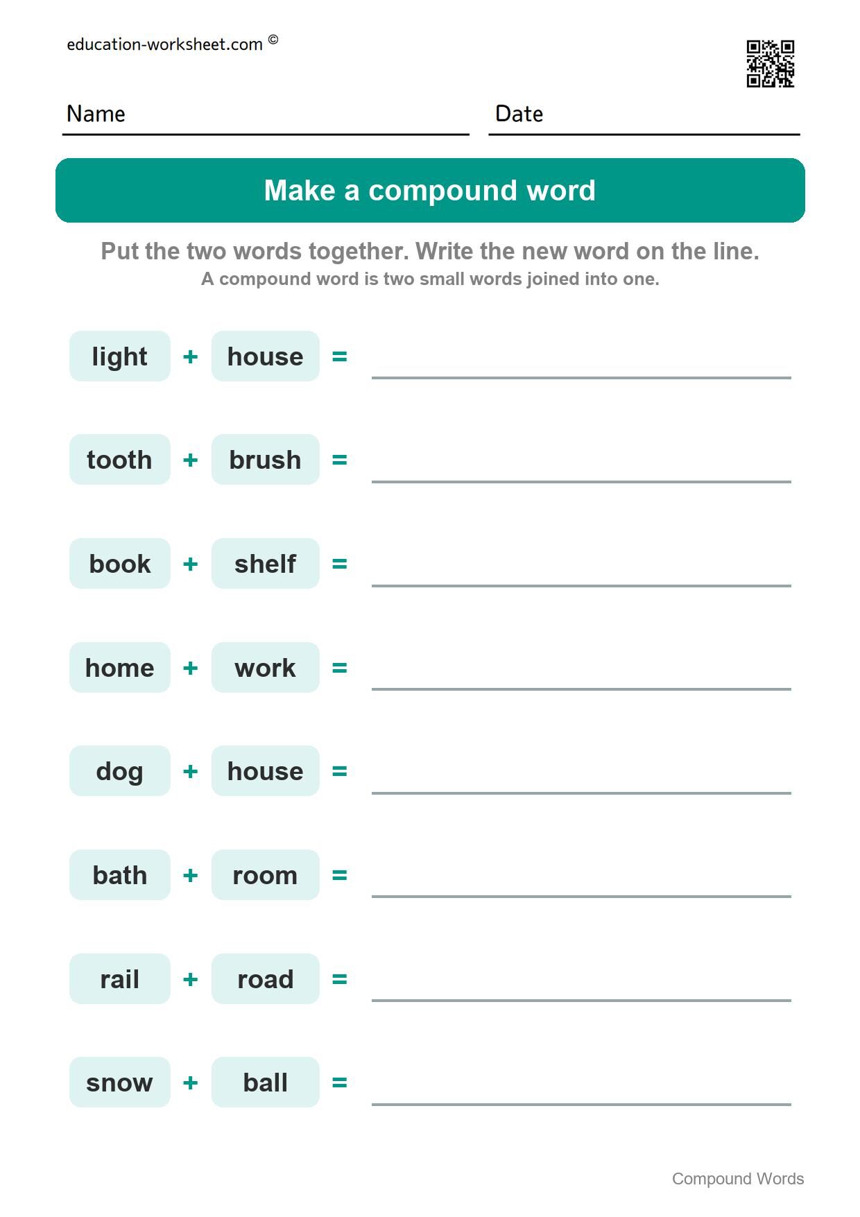 Make a compound word (Set 4) - Free Compound Words Worksheets for Kindergarten - Join Two Words into One