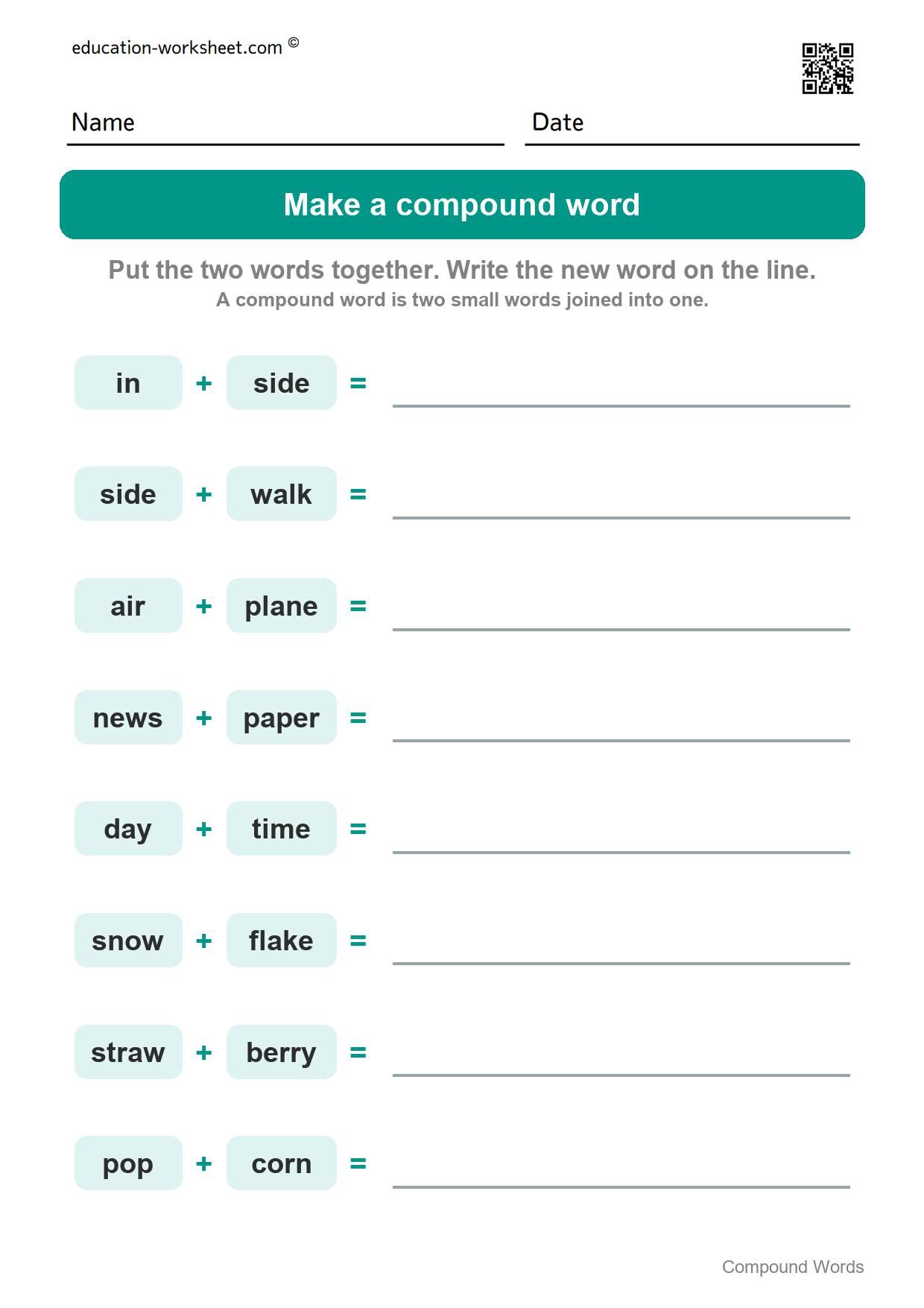 Make a compound word (Set 5) - Free Compound Words Worksheets for Kindergarten - Join Two Words into One