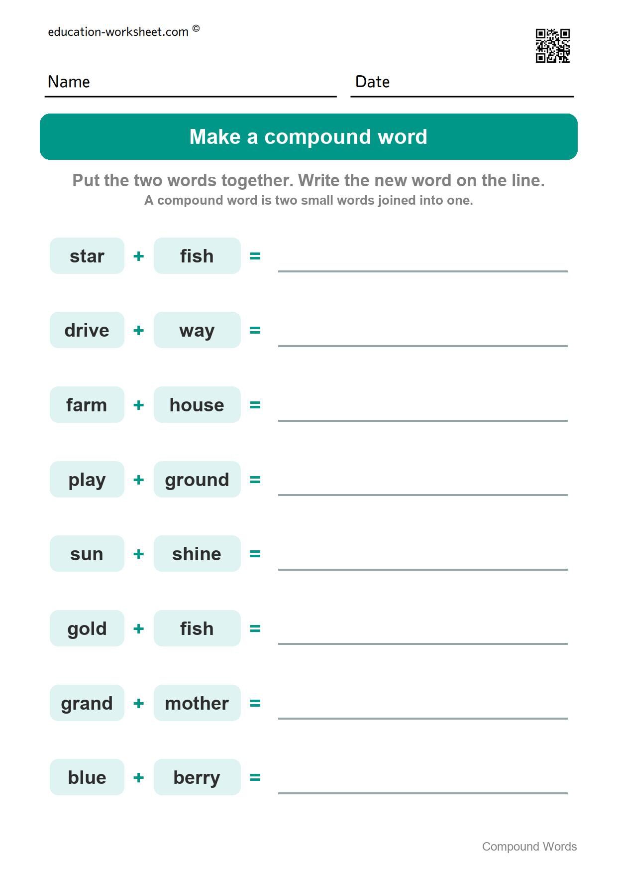 Make a compound word (Set 6) - Free Compound Words Worksheets for Kindergarten - Join Two Words into One