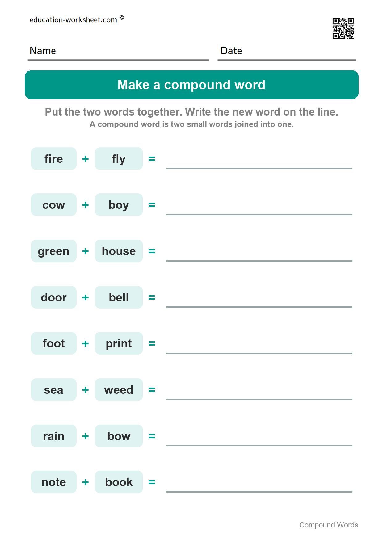 Make a compound word (Set 7) - Free Compound Words Worksheets for Kindergarten - Join Two Words into One