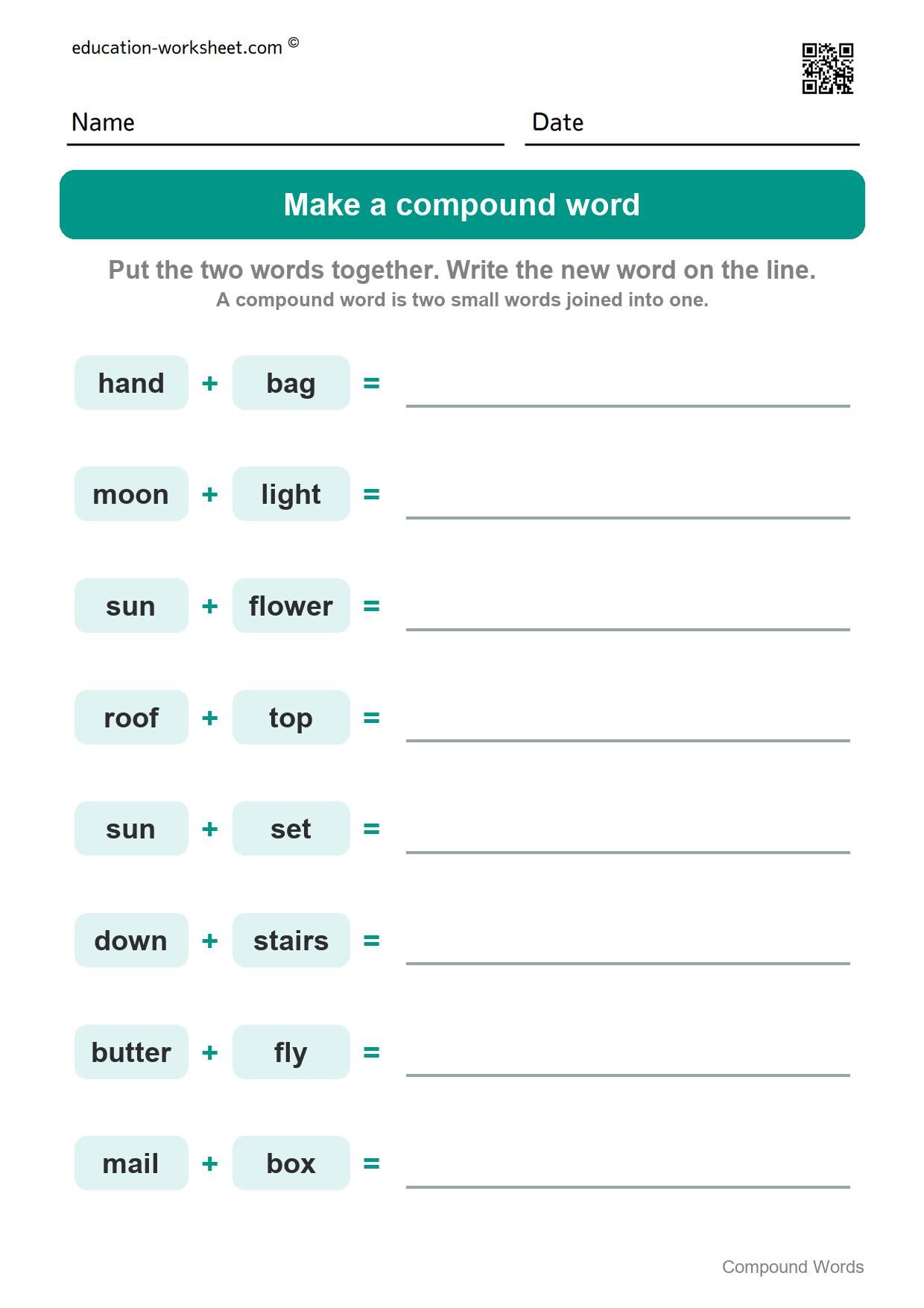 Make a compound word (Set 8) - Free Compound Words Worksheets for Kindergarten - Join Two Words into One