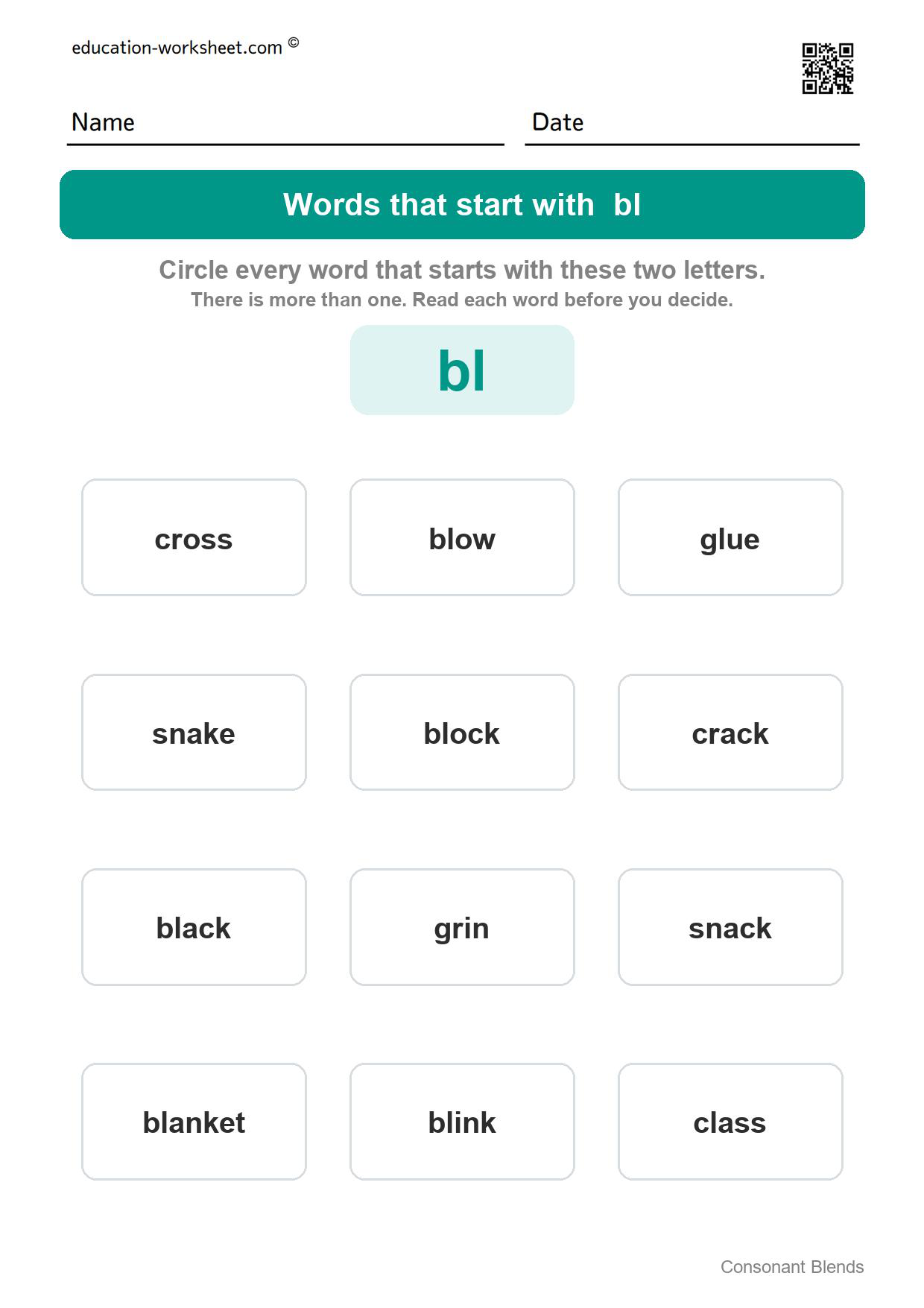 Words that start with bl - Free Consonant Blends Worksheets for Kindergarten - Find the Words That Start with bl, cr, st