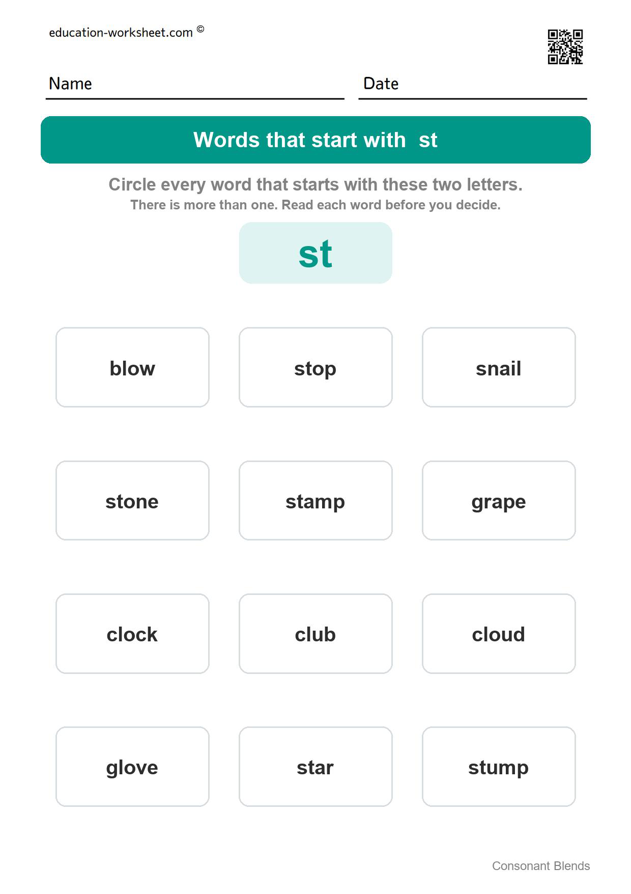 Words that start with st - Free Consonant Blends Worksheets for Kindergarten - Find the Words That Start with bl, cr, st