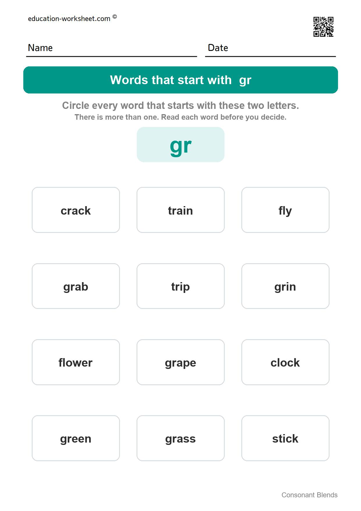 Words that start with gr - Free Consonant Blends Worksheets for Kindergarten - Find the Words That Start with bl, cr, st