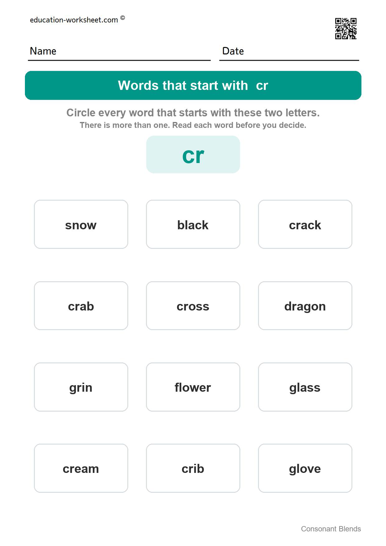 Words that start with cr - Free Consonant Blends Worksheets for Kindergarten - Find the Words That Start with bl, cr, st