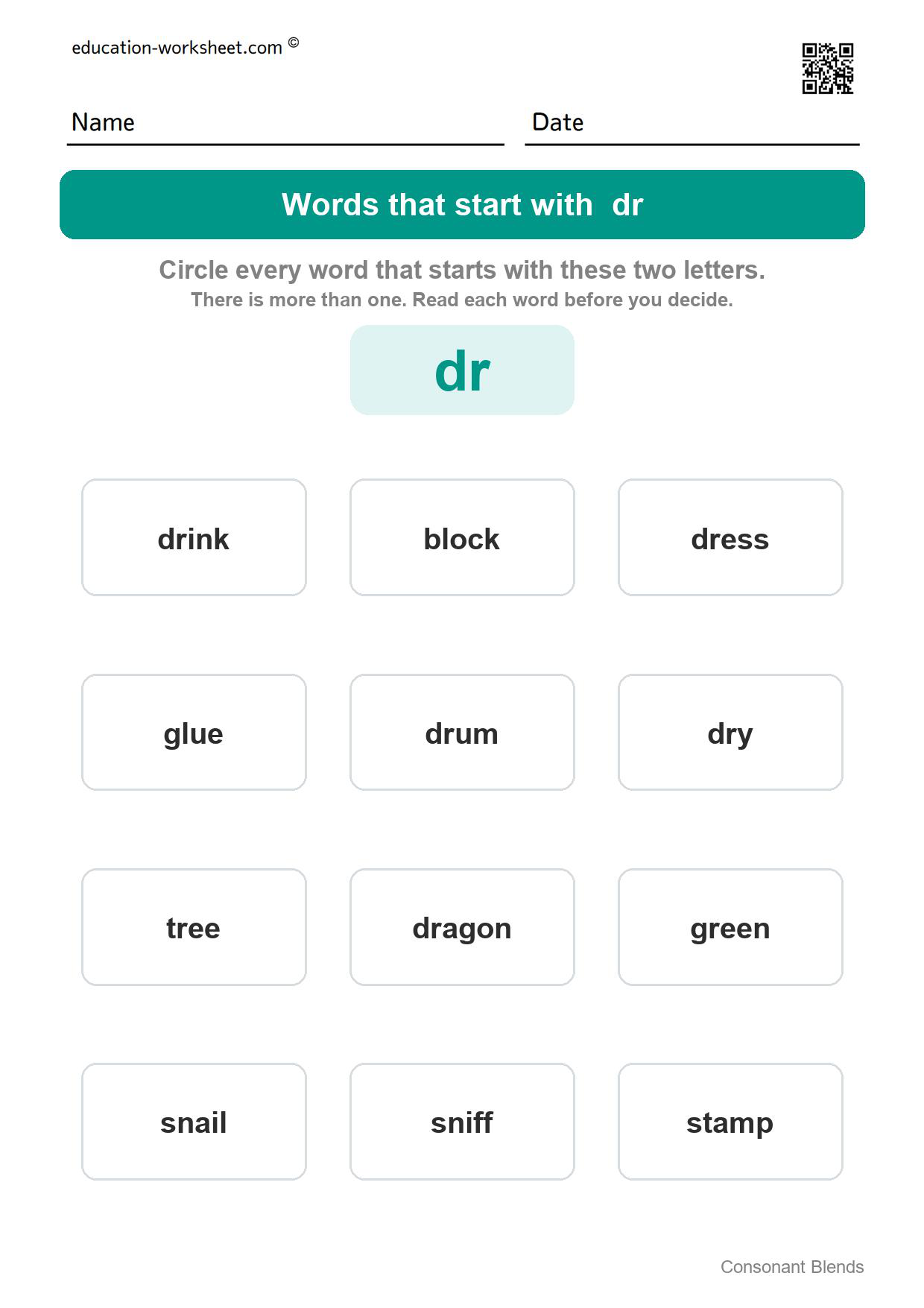 Words that start with dr - Free Consonant Blends Worksheets for Kindergarten - Find the Words That Start with bl, cr, st