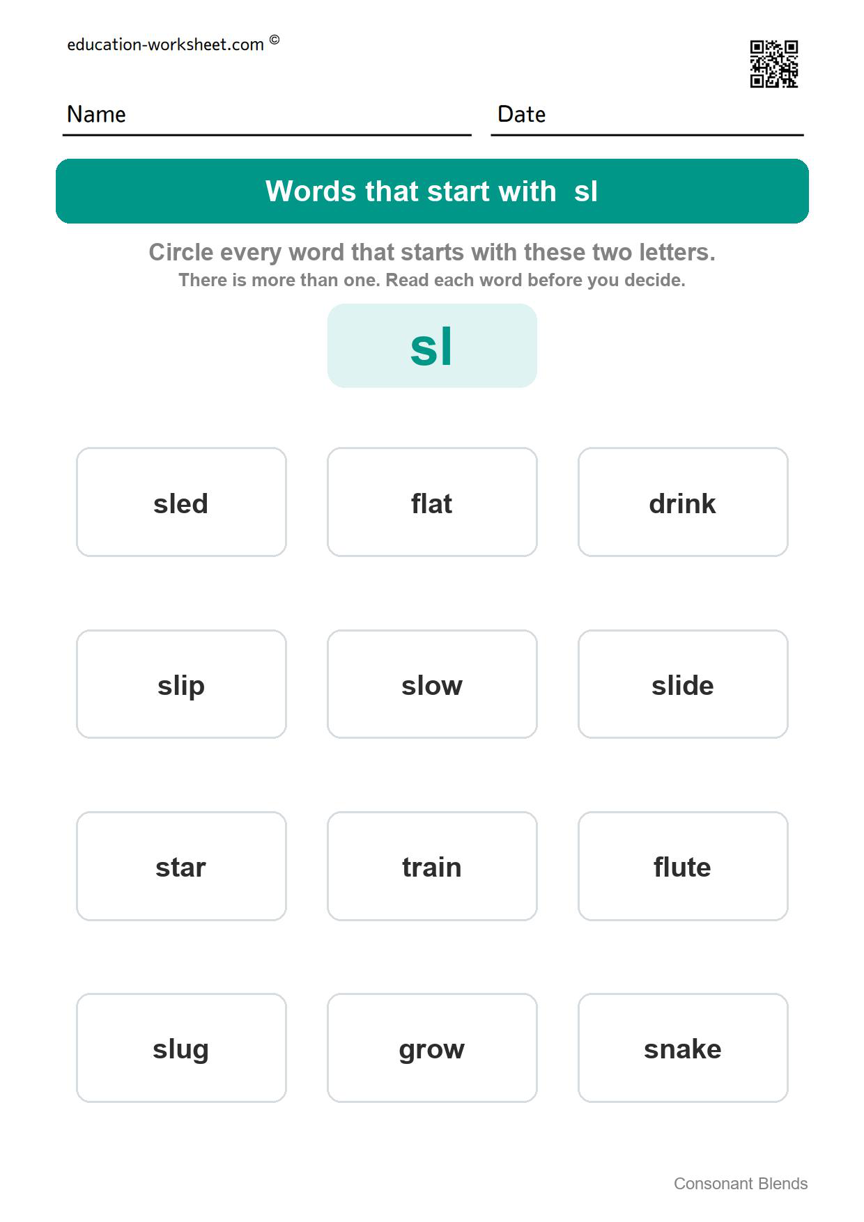 Words that start with sl - Free Consonant Blends Worksheets for Kindergarten - Find the Words That Start with bl, cr, st