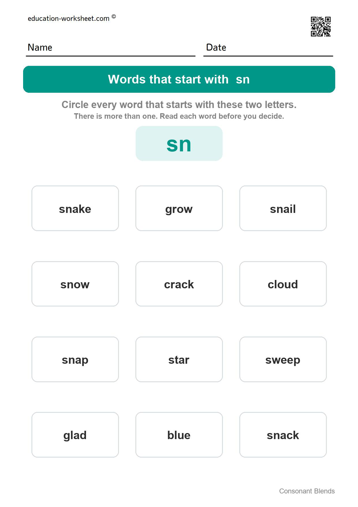 Words that start with sn - Free Consonant Blends Worksheets for Kindergarten - Find the Words That Start with bl, cr, st