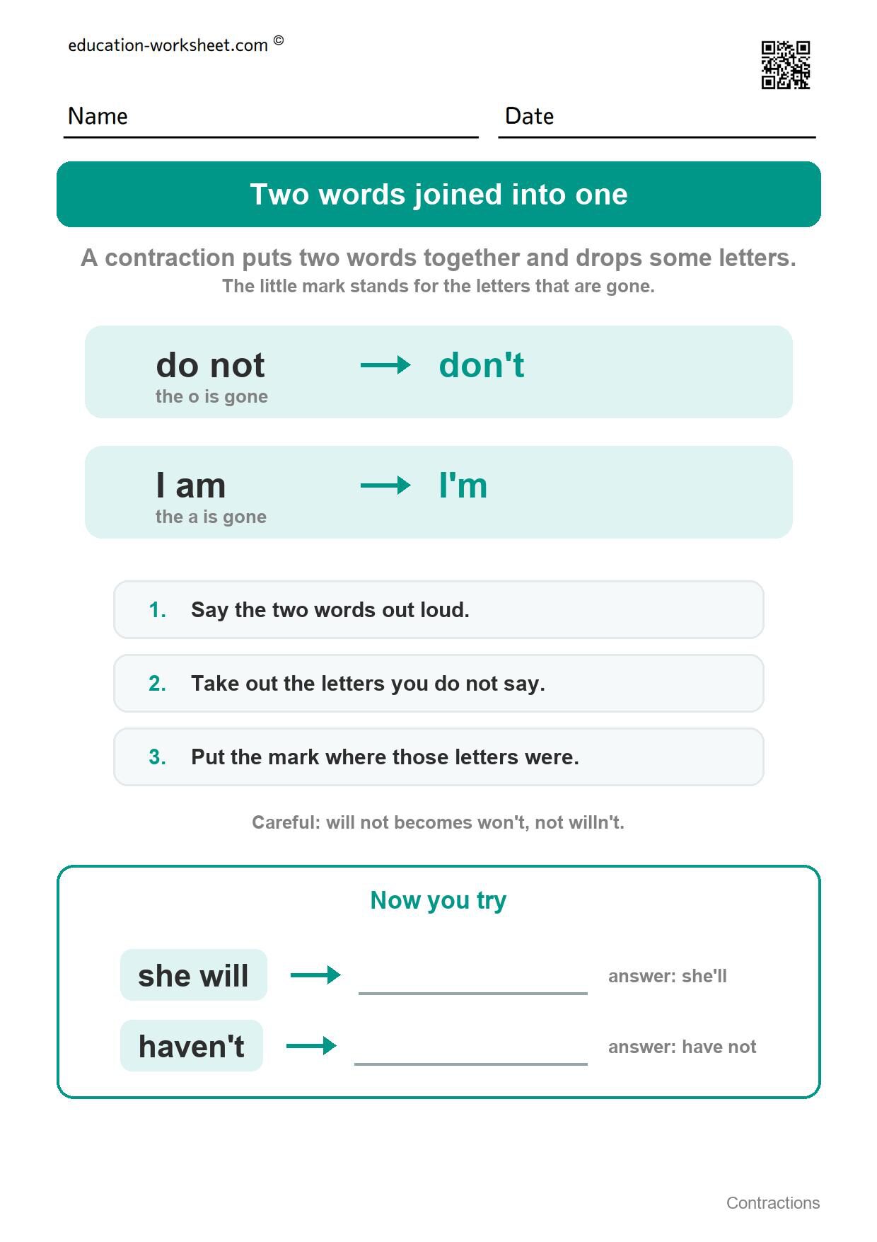 How contractions work - Free Contractions Worksheets for Kindergarten - Two Words in One