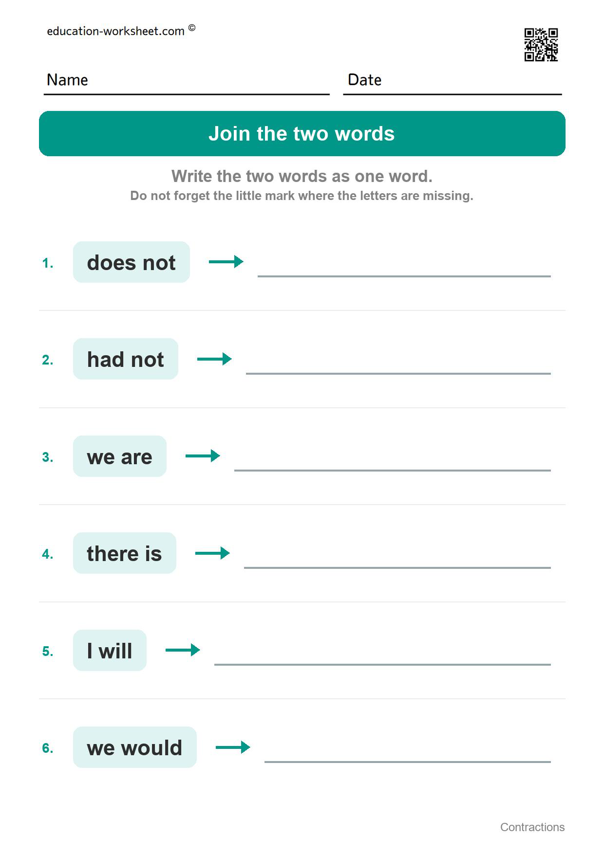 Join the two words (Set 9) - Free Contractions Worksheets for Kindergarten - Two Words in One
