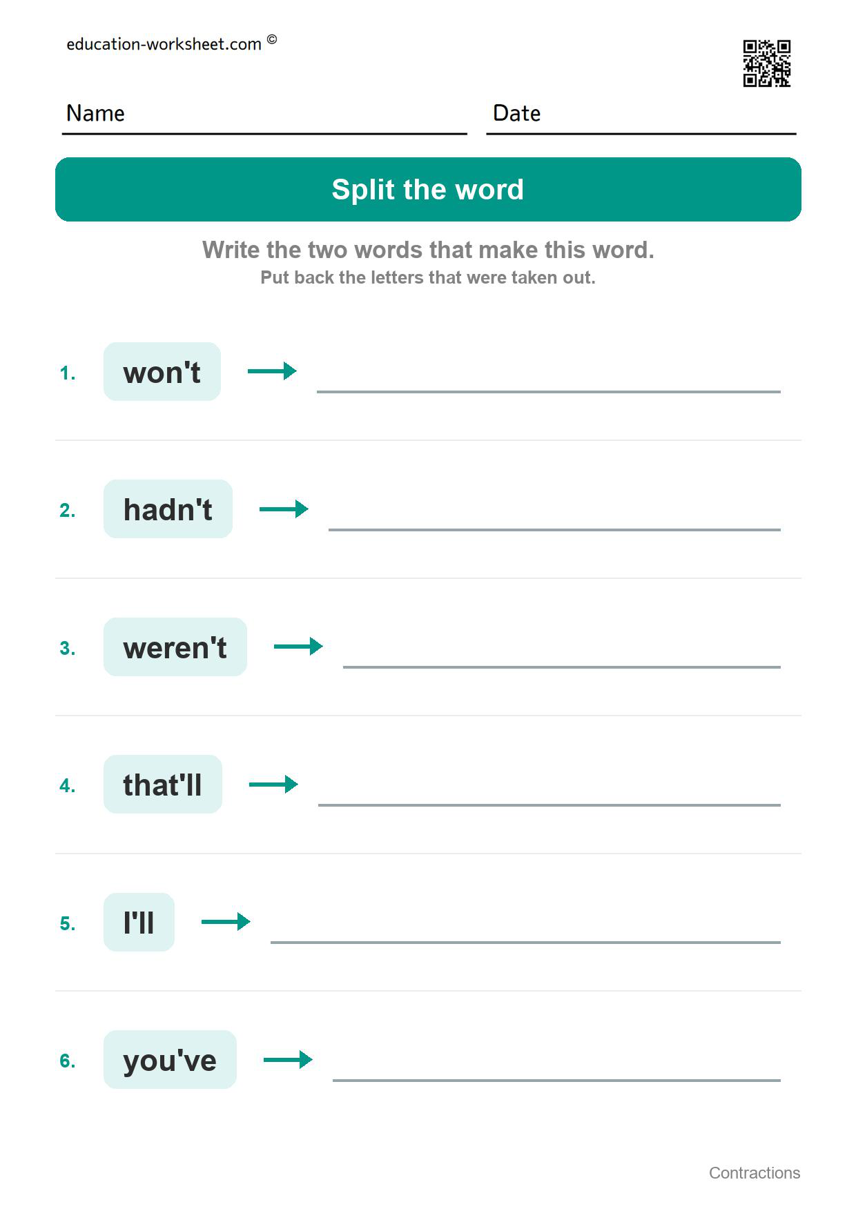 Split the word (Set 10) - Free Contractions Worksheets for Kindergarten - Two Words in One