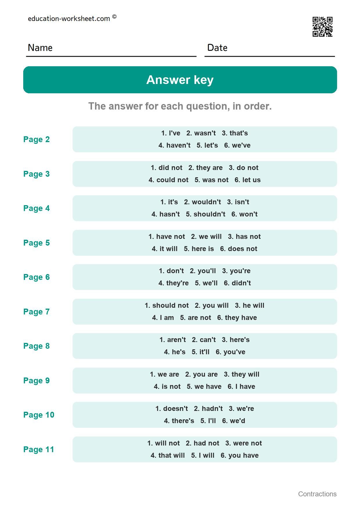 Answer key - all 10 pages - Free Contractions Worksheets for Kindergarten - Two Words in One