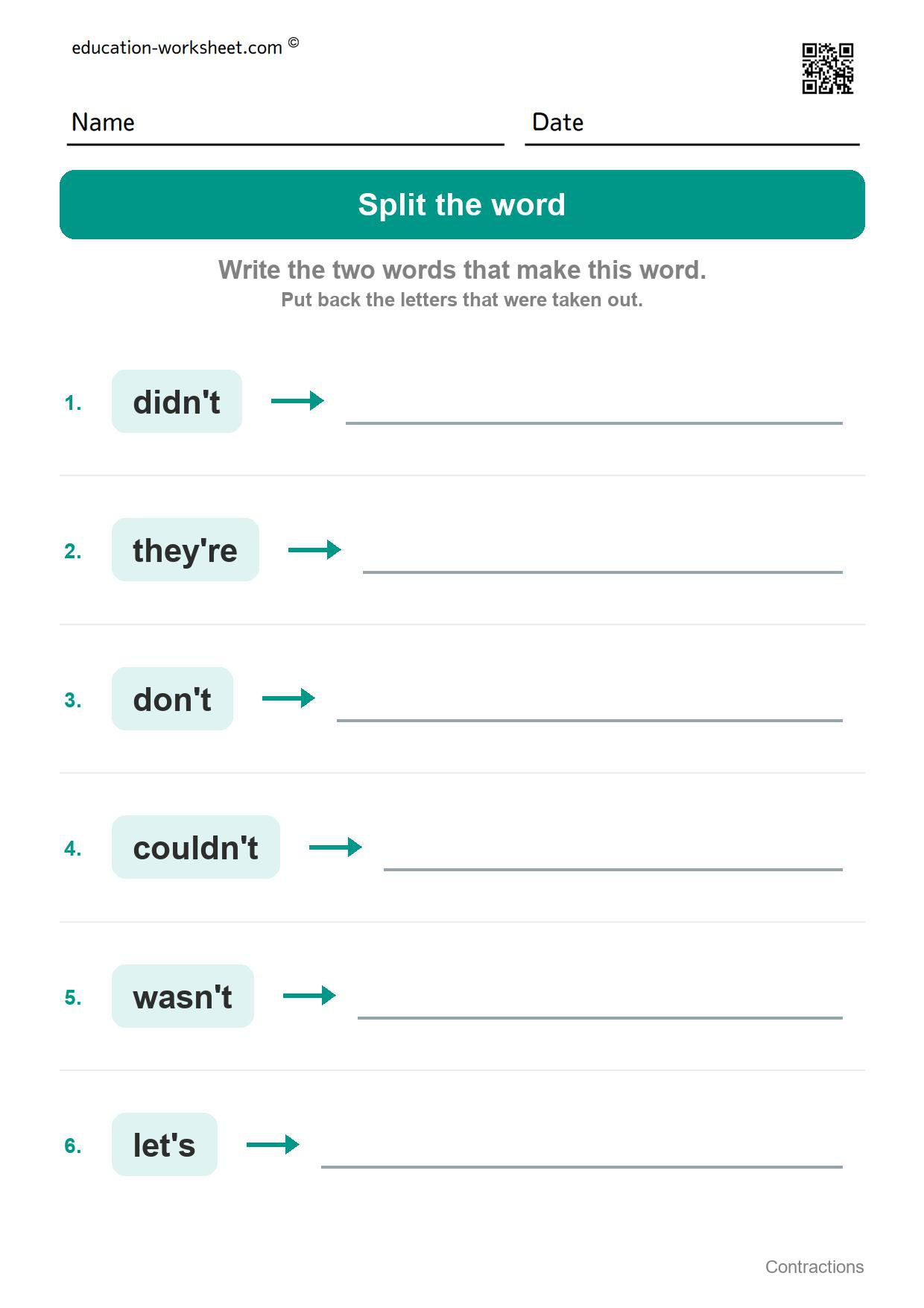 Split the word (Set 2) - Free Contractions Worksheets for Kindergarten - Two Words in One