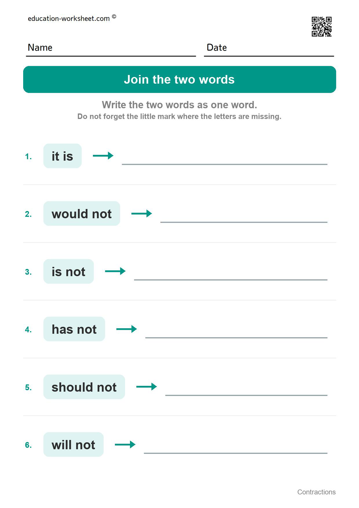 Join the two words (Set 3) - Free Contractions Worksheets for Kindergarten - Two Words in One