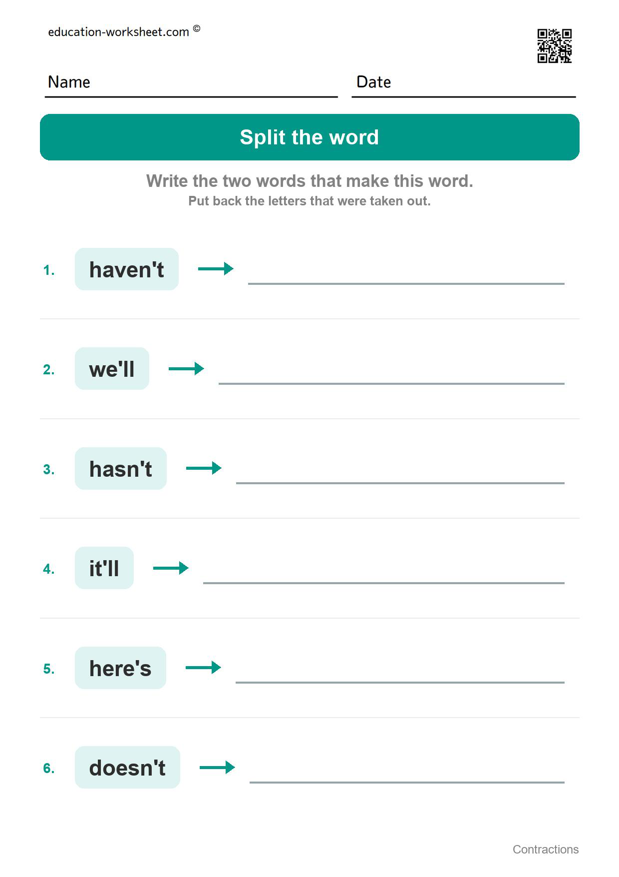 Split the word (Set 4) - Free Contractions Worksheets for Kindergarten - Two Words in One