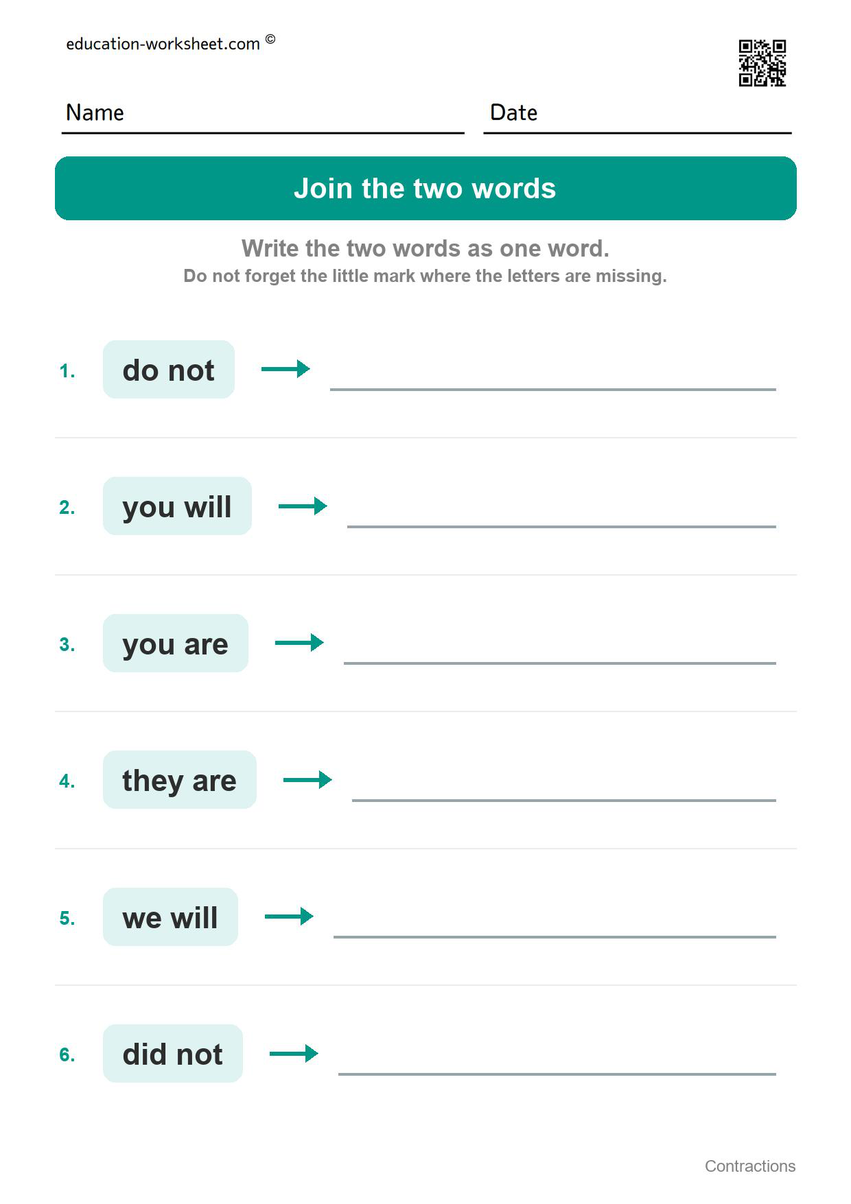 Join the two words (Set 5) - Free Contractions Worksheets for Kindergarten - Two Words in One