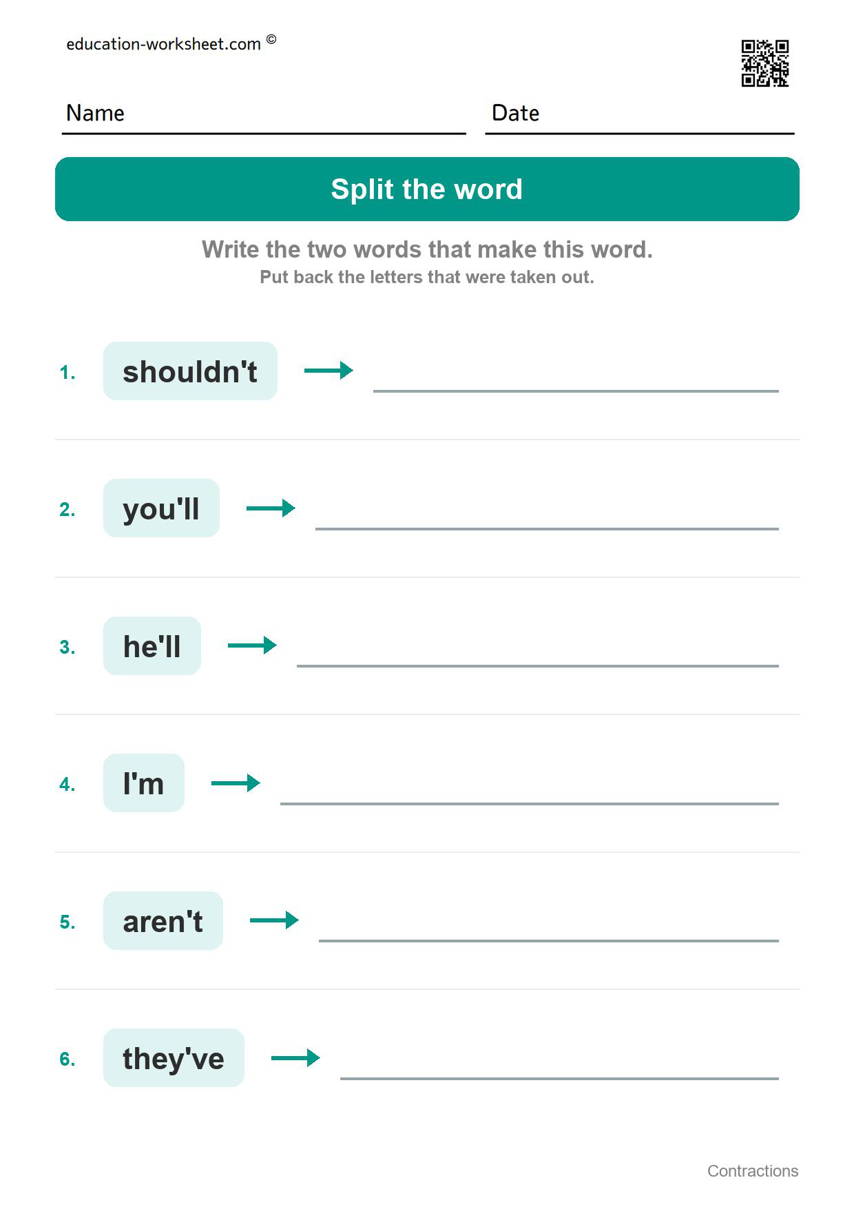 Split the word (Set 6) - Free Contractions Worksheets for Kindergarten - Two Words in One