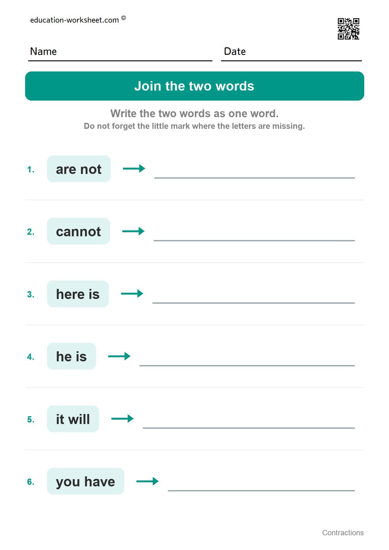 Join the two words (Set 7) - Free Contractions Worksheets for Kindergarten - Two Words in One