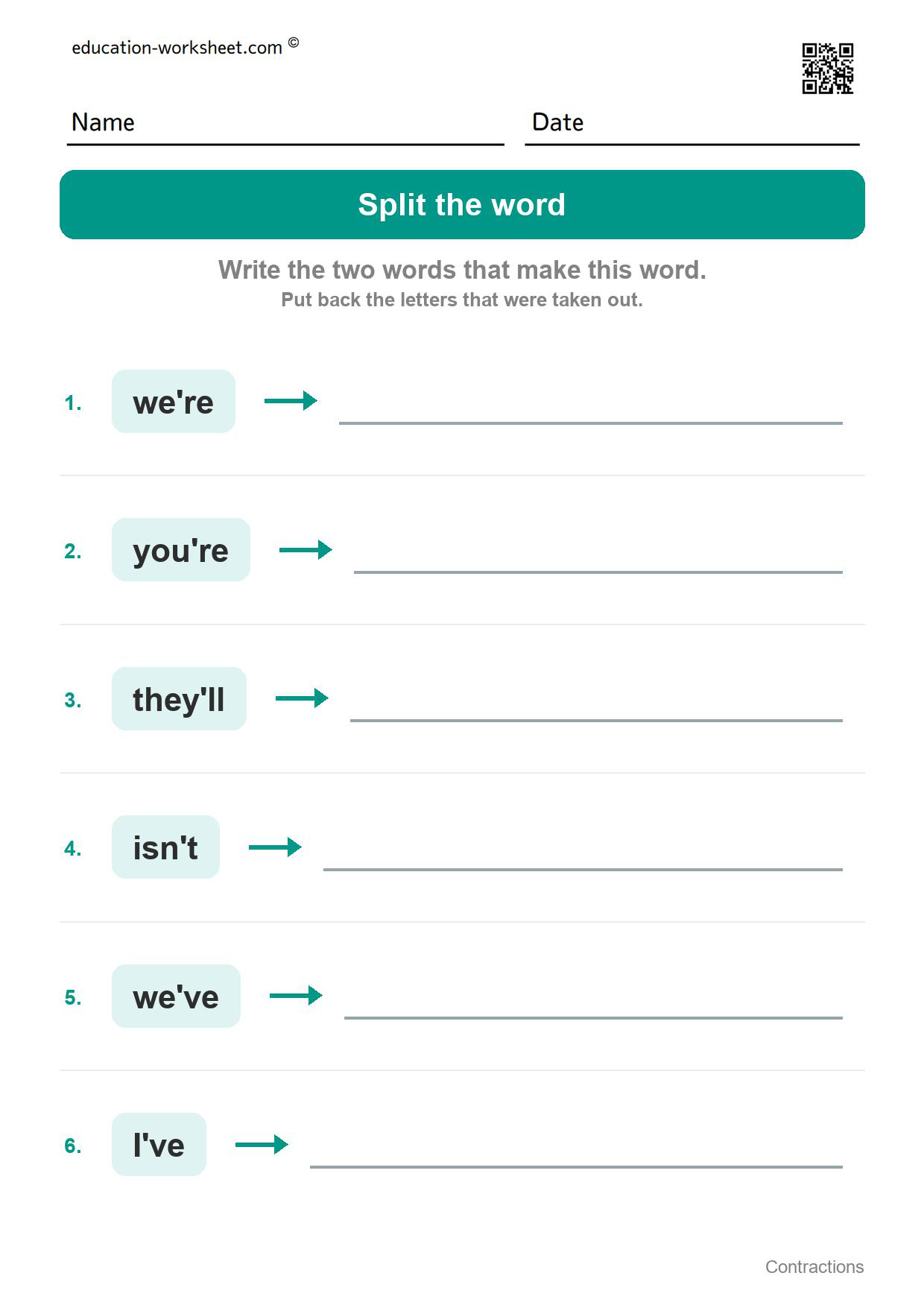 Split the word (Set 8) - Free Contractions Worksheets for Kindergarten - Two Words in One