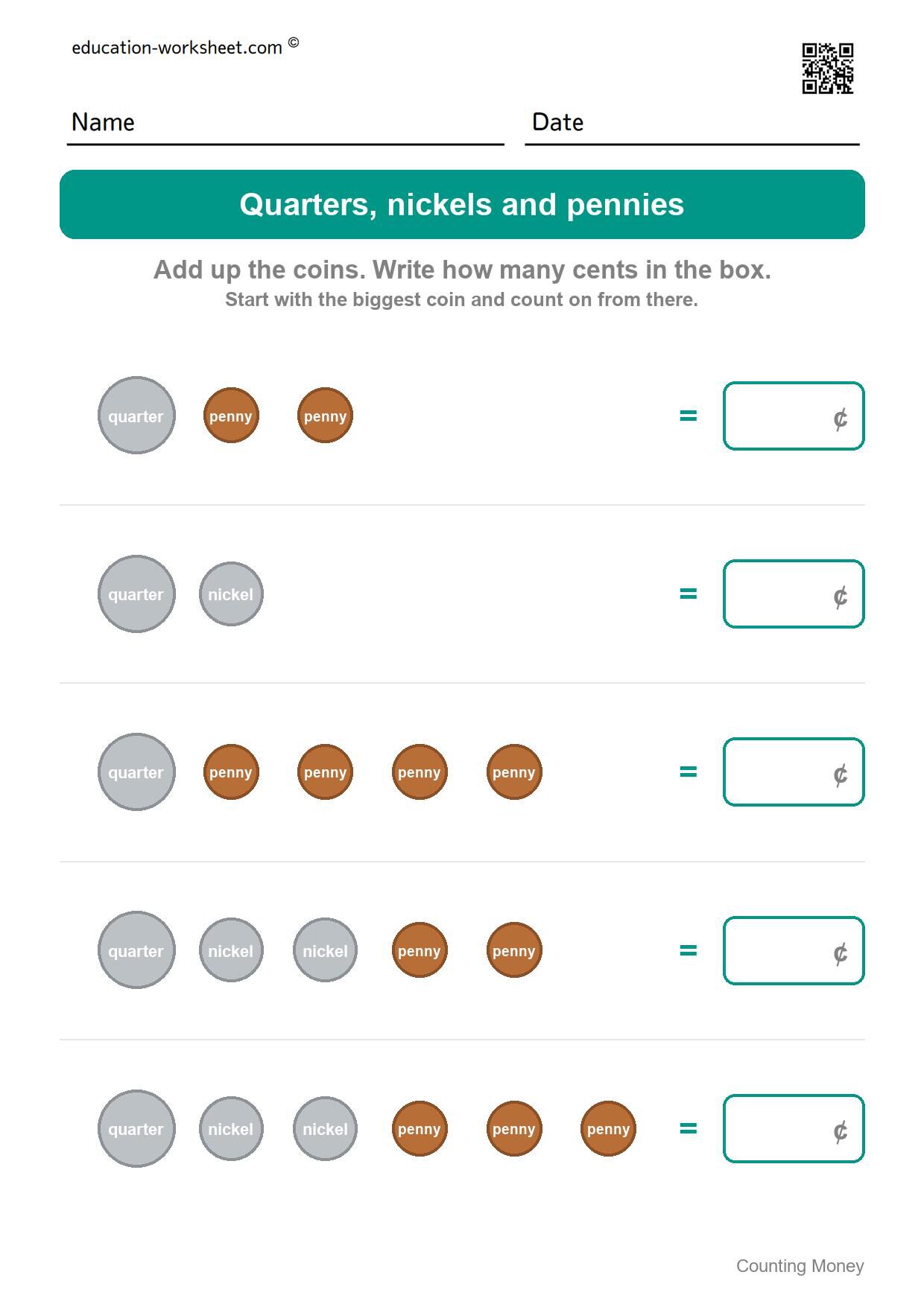 Quarters, nickels and pennies (Set 9) - Free Counting Money Worksheets for Kindergarten - Count Coins and Write the Total