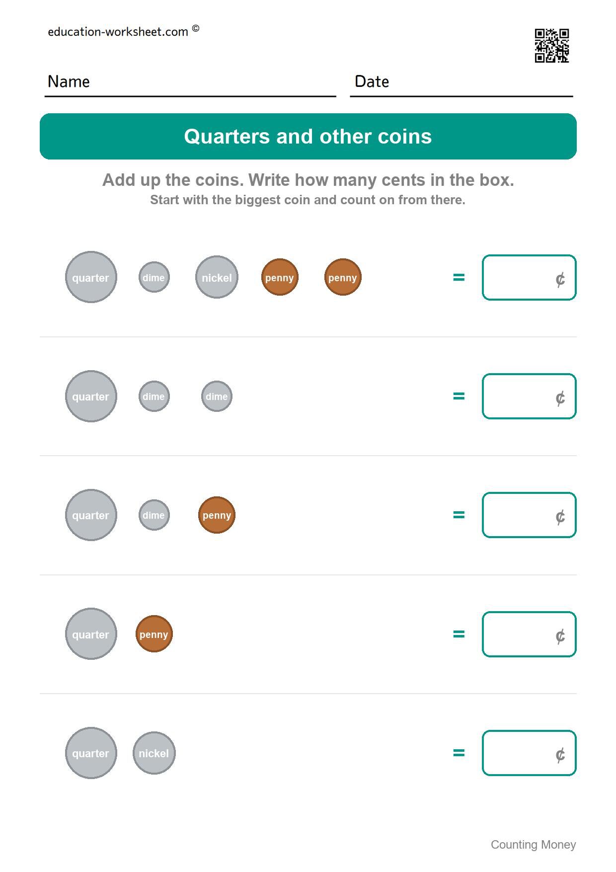 Quarters and other coins (Set 10) - Free Counting Money Worksheets for Kindergarten - Count Coins and Write the Total