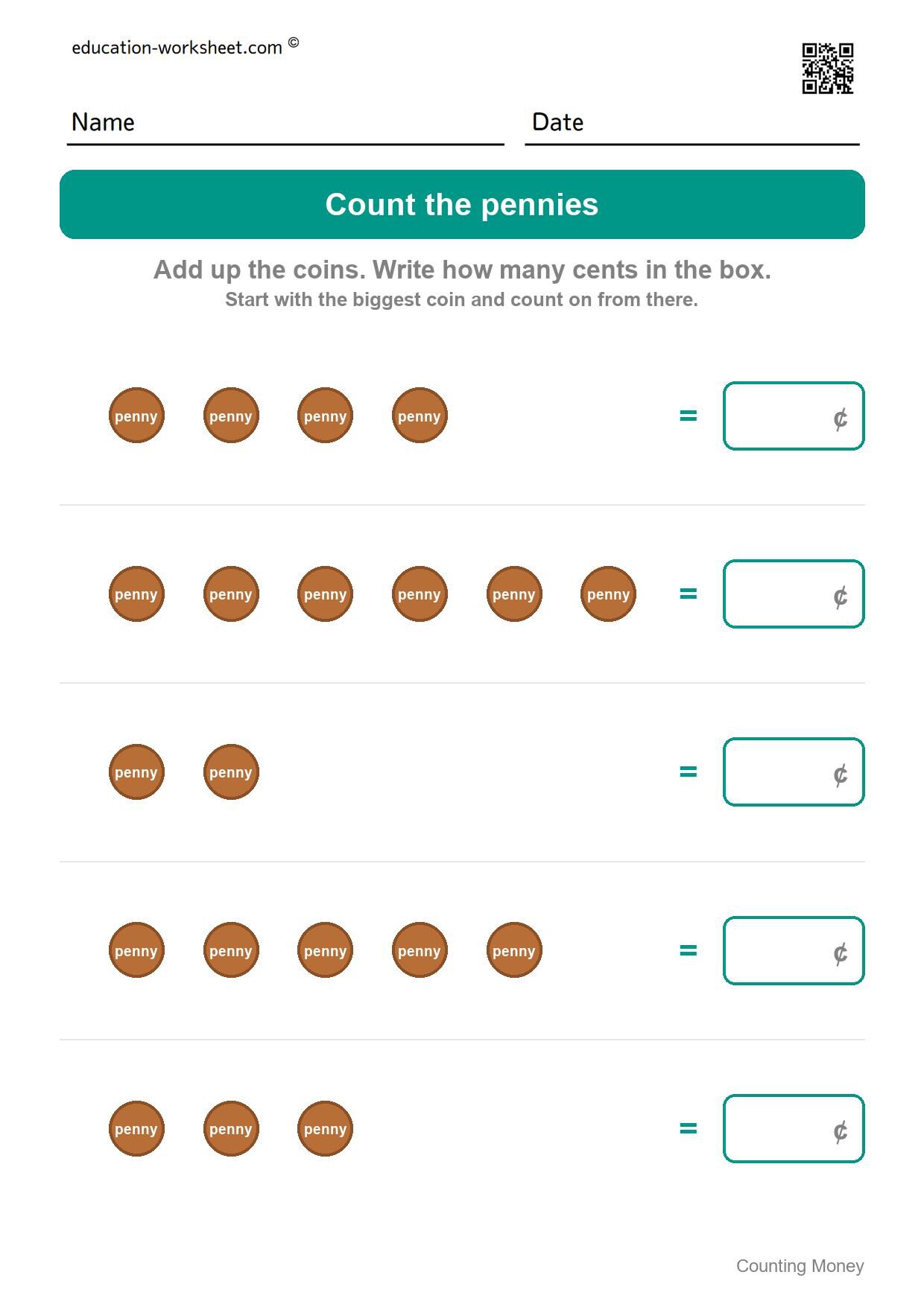 Count the pennies (Set 1) - Free Counting Money Worksheets for Kindergarten - Count Coins and Write the Total