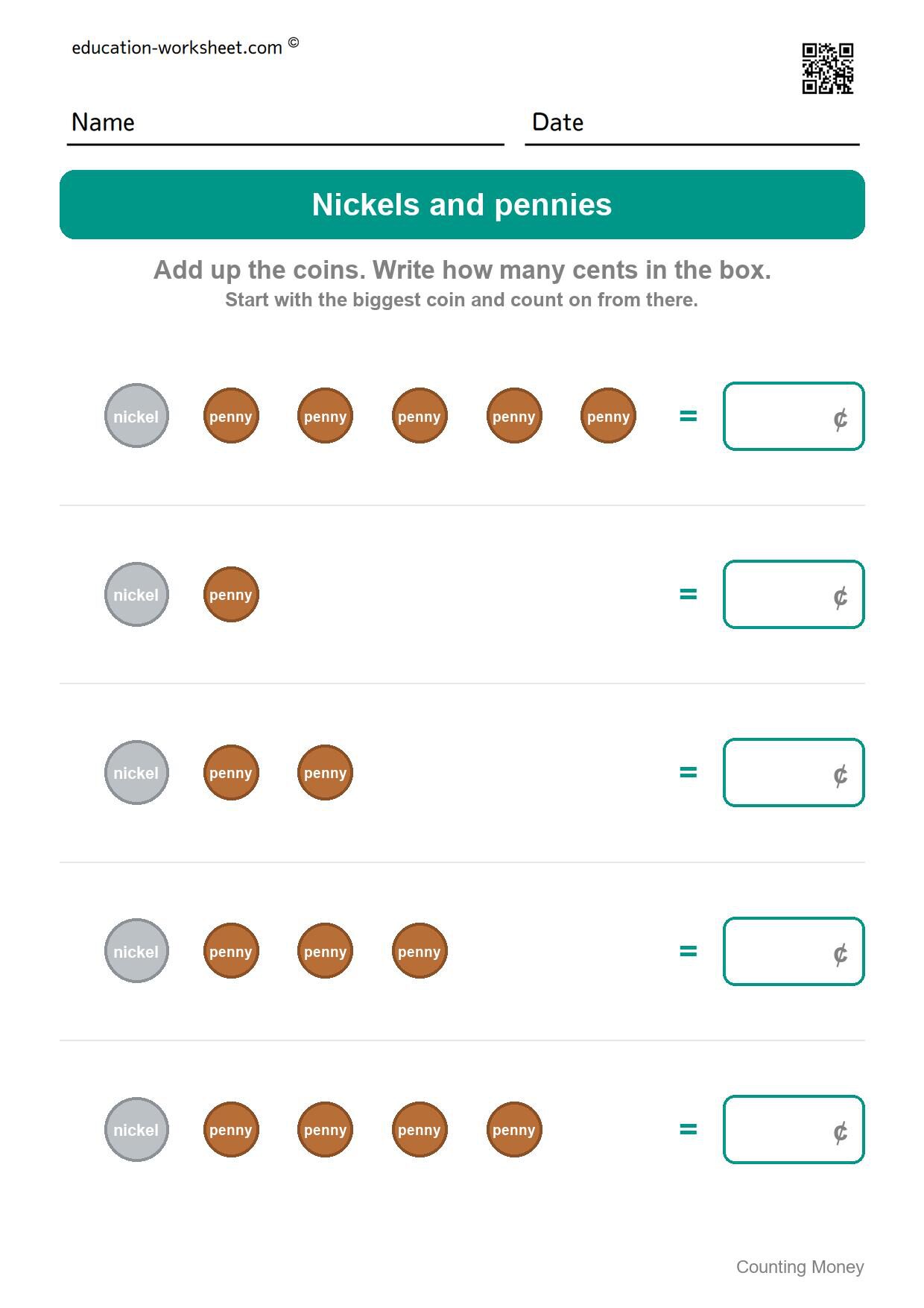 Nickels and pennies (Set 2) - Free Counting Money Worksheets for Kindergarten - Count Coins and Write the Total