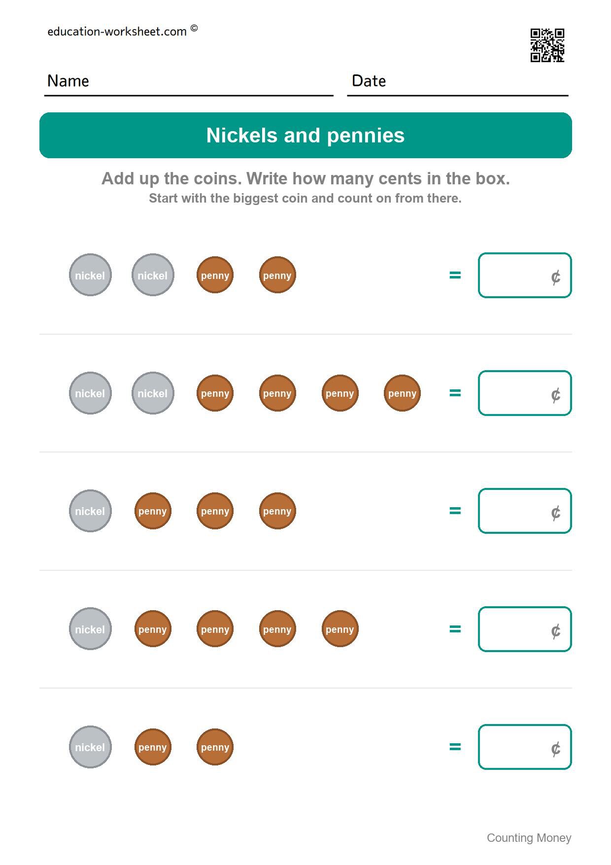 Nickels and pennies (Set 3) - Free Counting Money Worksheets for Kindergarten - Count Coins and Write the Total