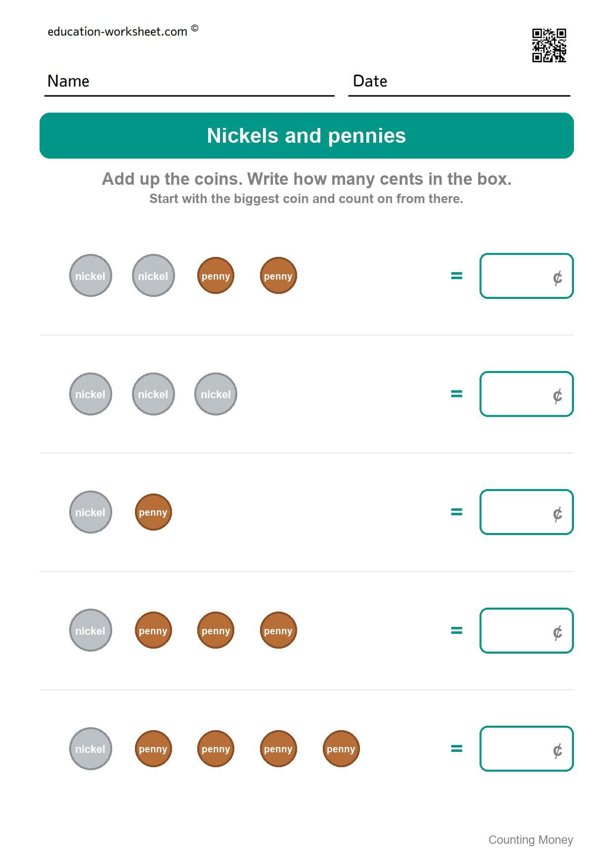 Nickels and pennies (Set 4) - Free Counting Money Worksheets for Kindergarten - Count Coins and Write the Total