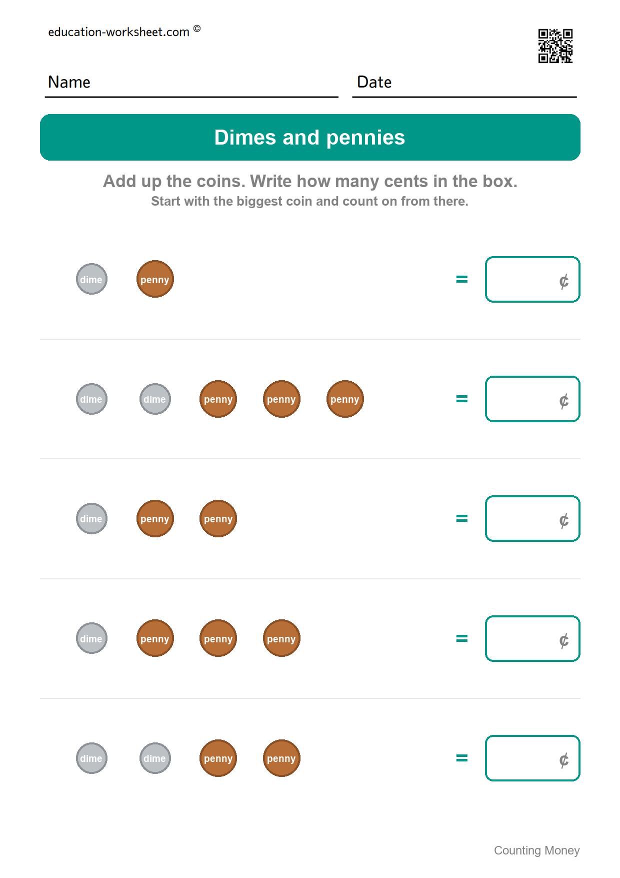 Dimes and pennies (Set 5) - Free Counting Money Worksheets for Kindergarten - Count Coins and Write the Total