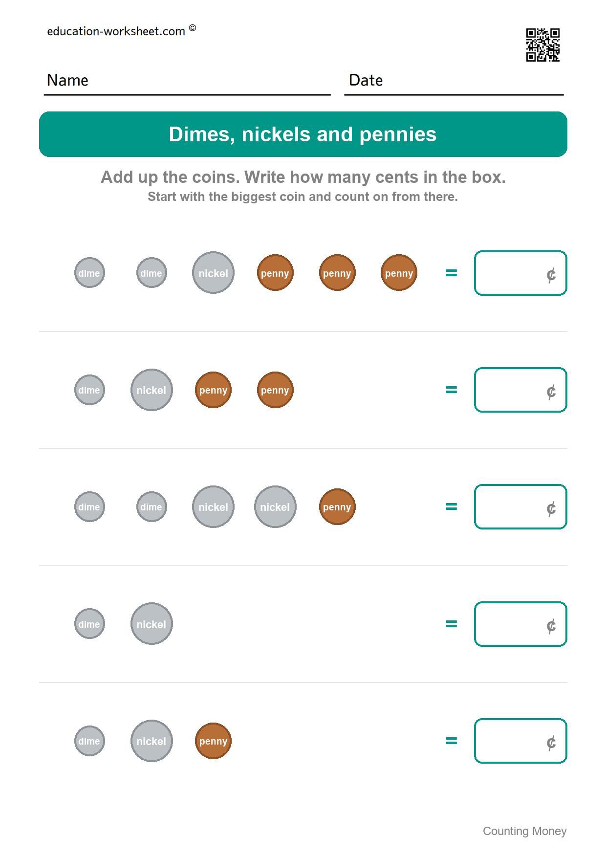 Dimes, nickels and pennies (Set 6) - Free Counting Money Worksheets for Kindergarten - Count Coins and Write the Total