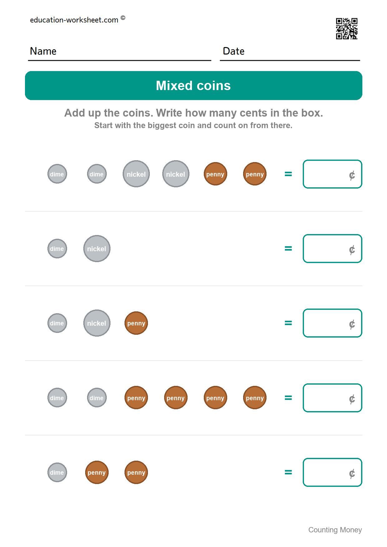 Mixed coins (Set 7) - Free Counting Money Worksheets for Kindergarten - Count Coins and Write the Total