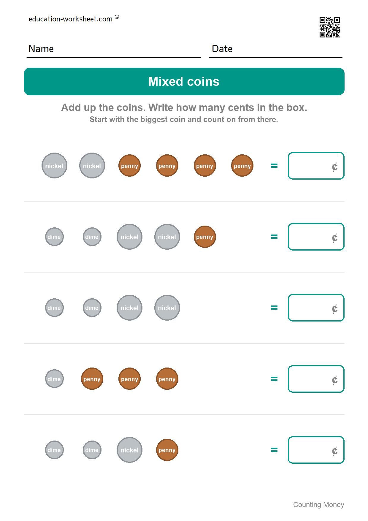 Mixed coins (Set 8) - Free Counting Money Worksheets for Kindergarten - Count Coins and Write the Total