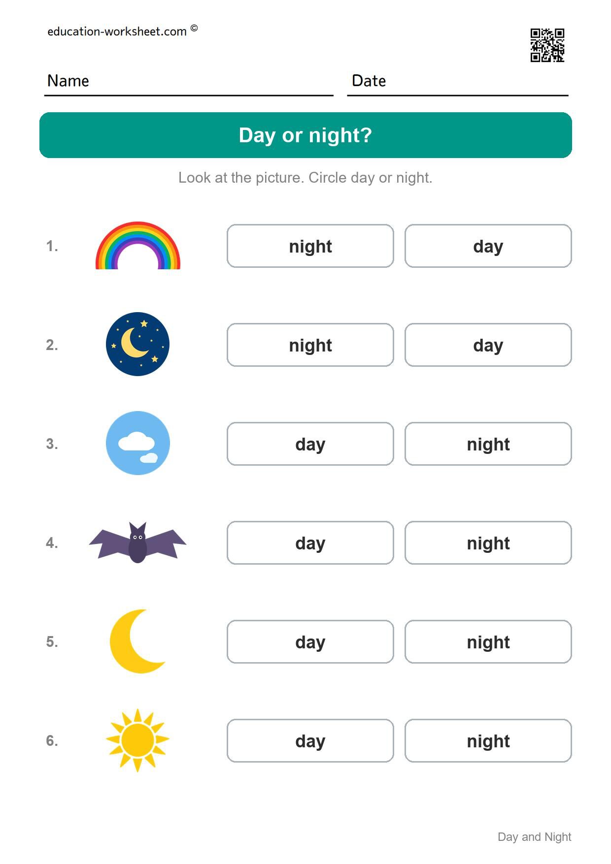 Day or night? (Set 9) - Free Day and Night Worksheets for Kindergarten - Science