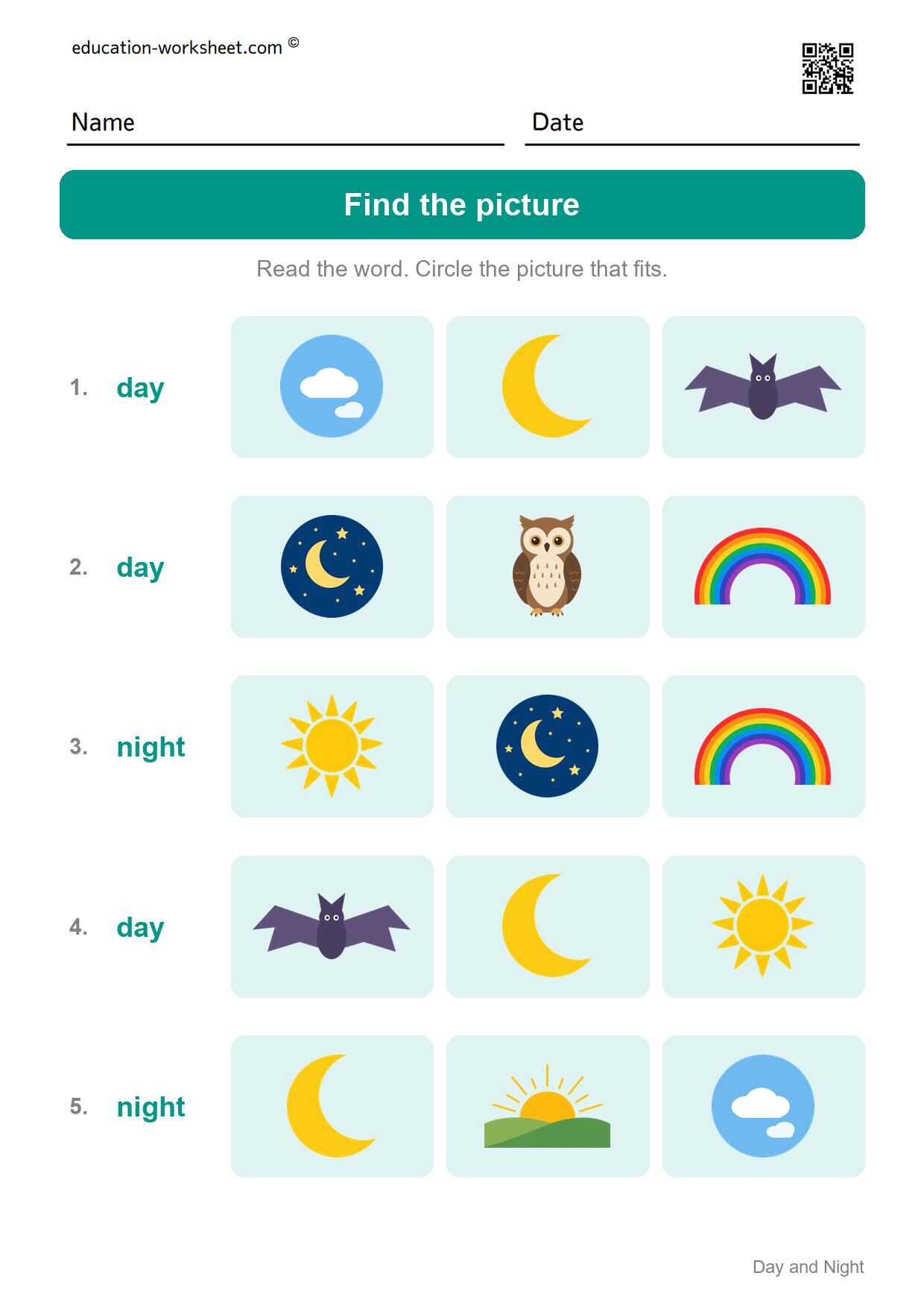 Find the day or night picture (Set 10) - Free Day and Night Worksheets for Kindergarten - Science