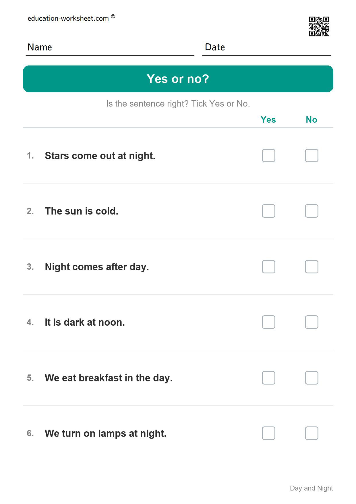 Yes or no? (Set 11) - Free Day and Night Worksheets for Kindergarten - Science